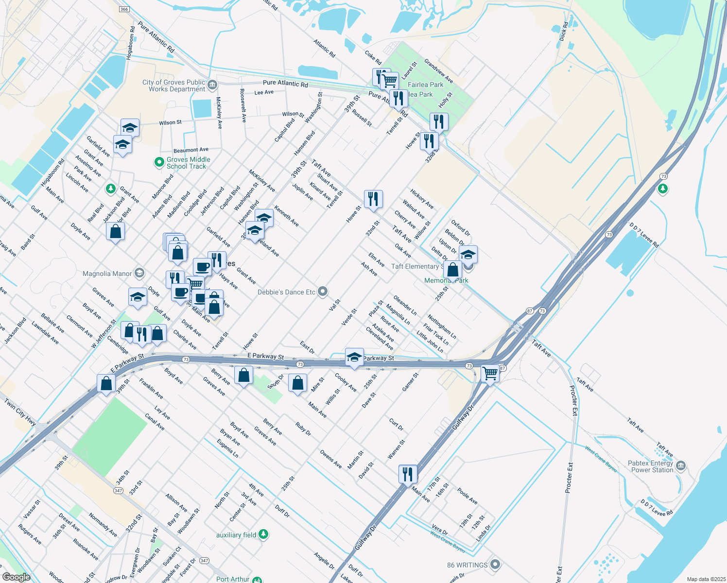 map of restaurants, bars, coffee shops, grocery stores, and more near 6591 Verde Street in Groves