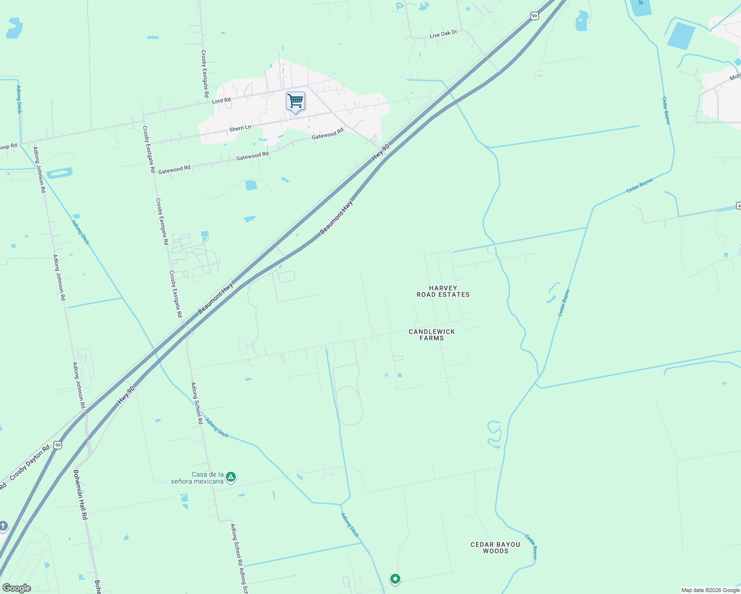 map of restaurants, bars, coffee shops, grocery stores, and more near 4525 Harvey Road in Crosby