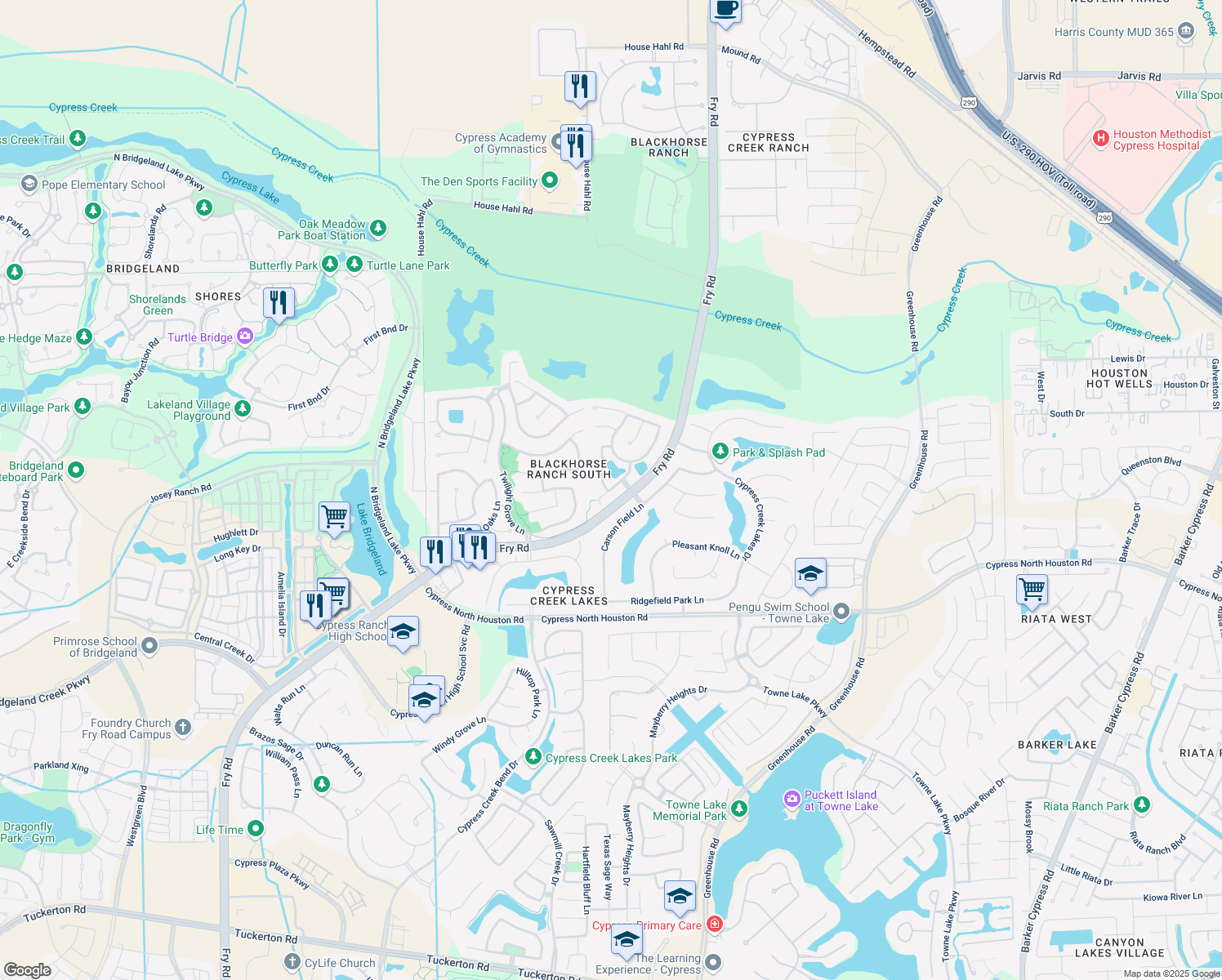 map of restaurants, bars, coffee shops, grocery stores, and more near 26611 Granite Knoll Ln in Cypress