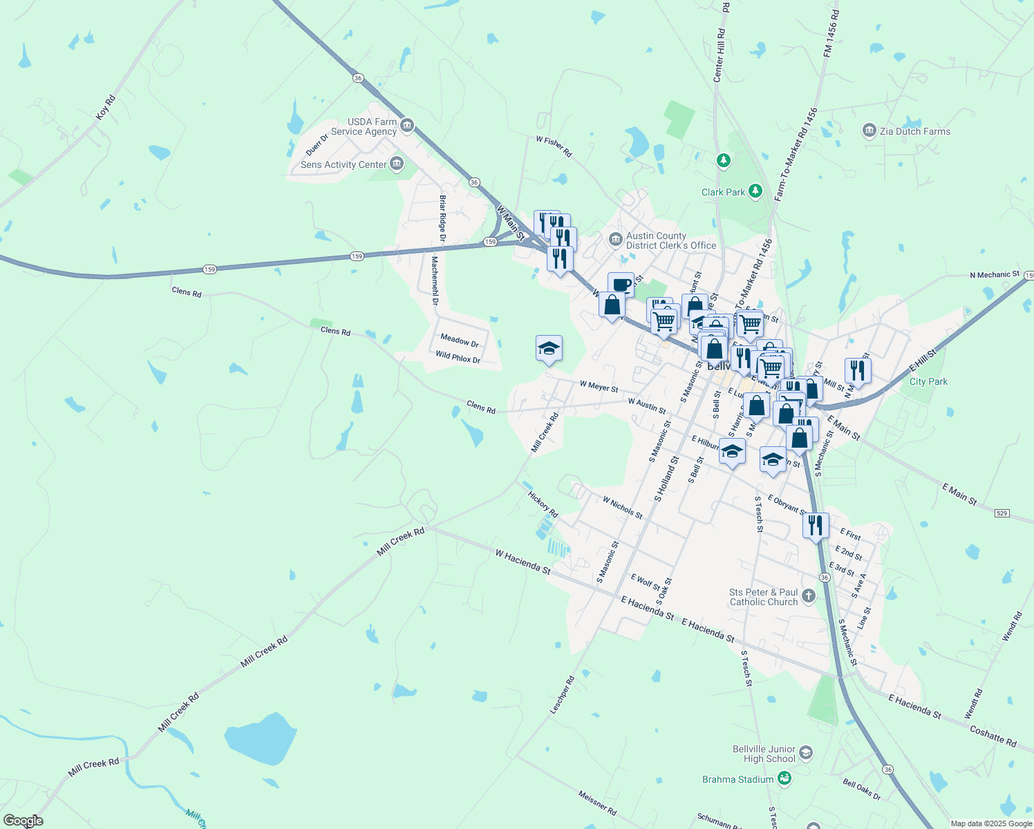 map of restaurants, bars, coffee shops, grocery stores, and more near 843 W Austin St in Bellville
