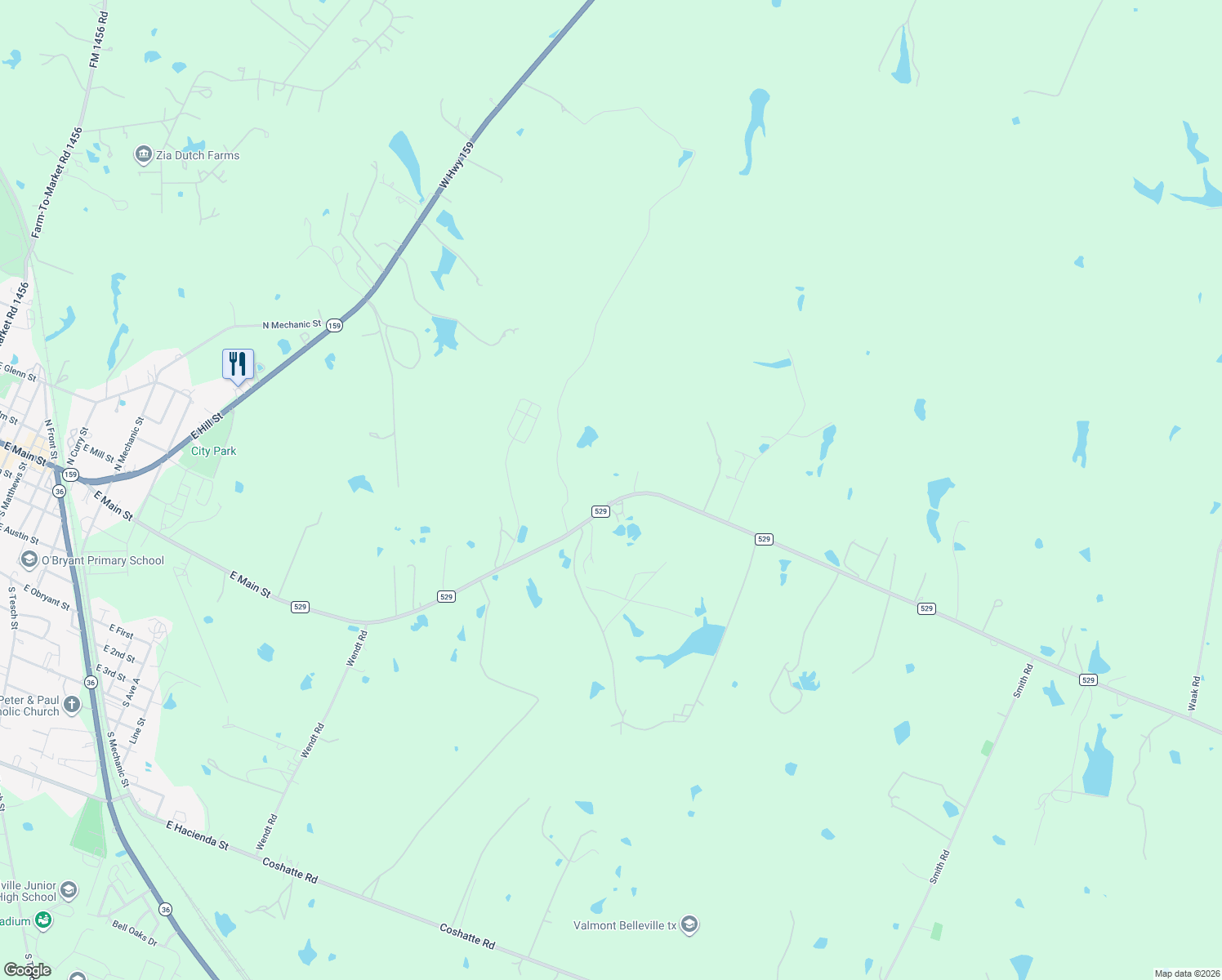 map of restaurants, bars, coffee shops, grocery stores, and more near 2668 Farm to Market Road 529 in Bellville