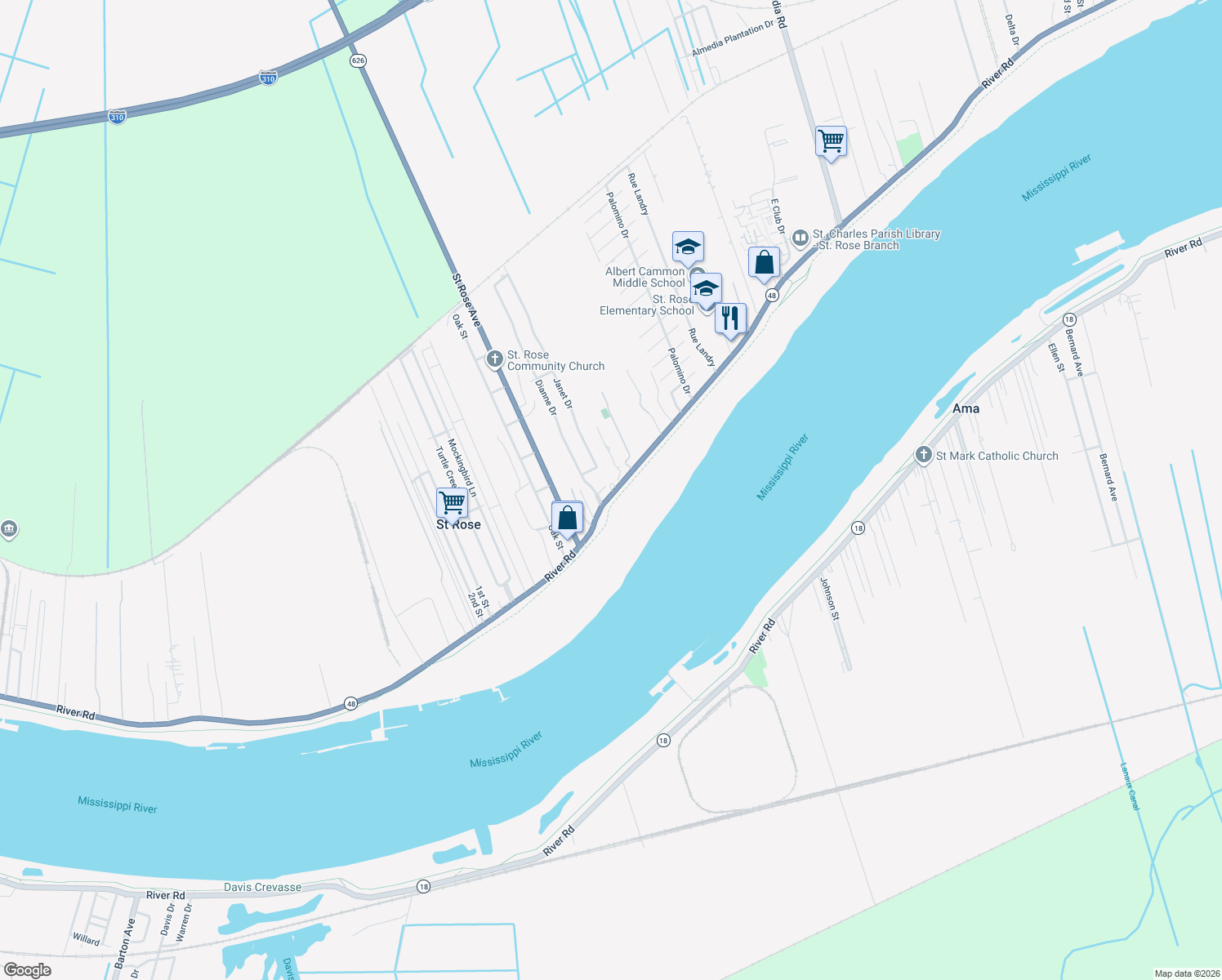 map of restaurants, bars, coffee shops, grocery stores, and more near 11360 River Road in Saint Rose