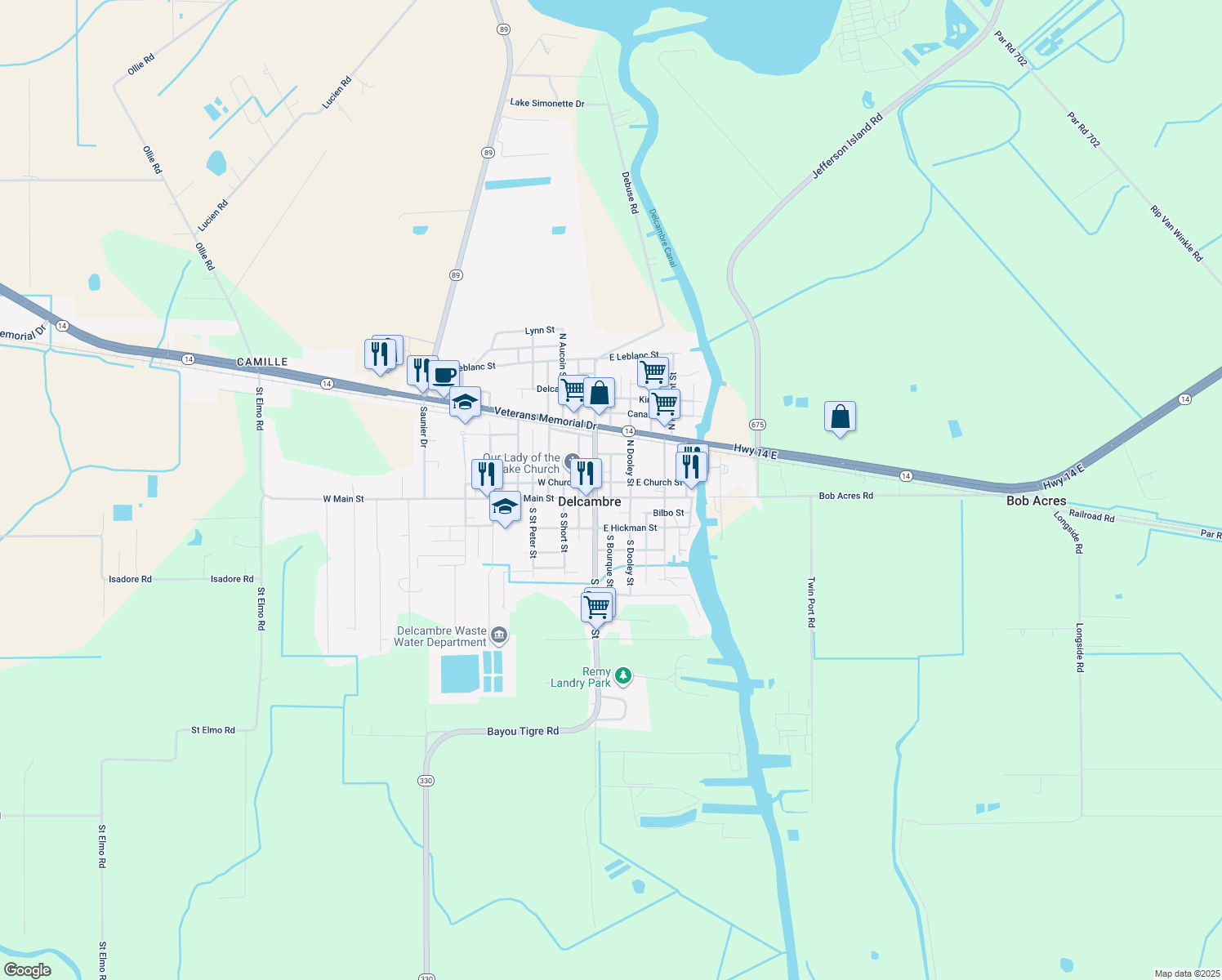 map of restaurants, bars, coffee shops, grocery stores, and more near North Fernand Street in Delcambre