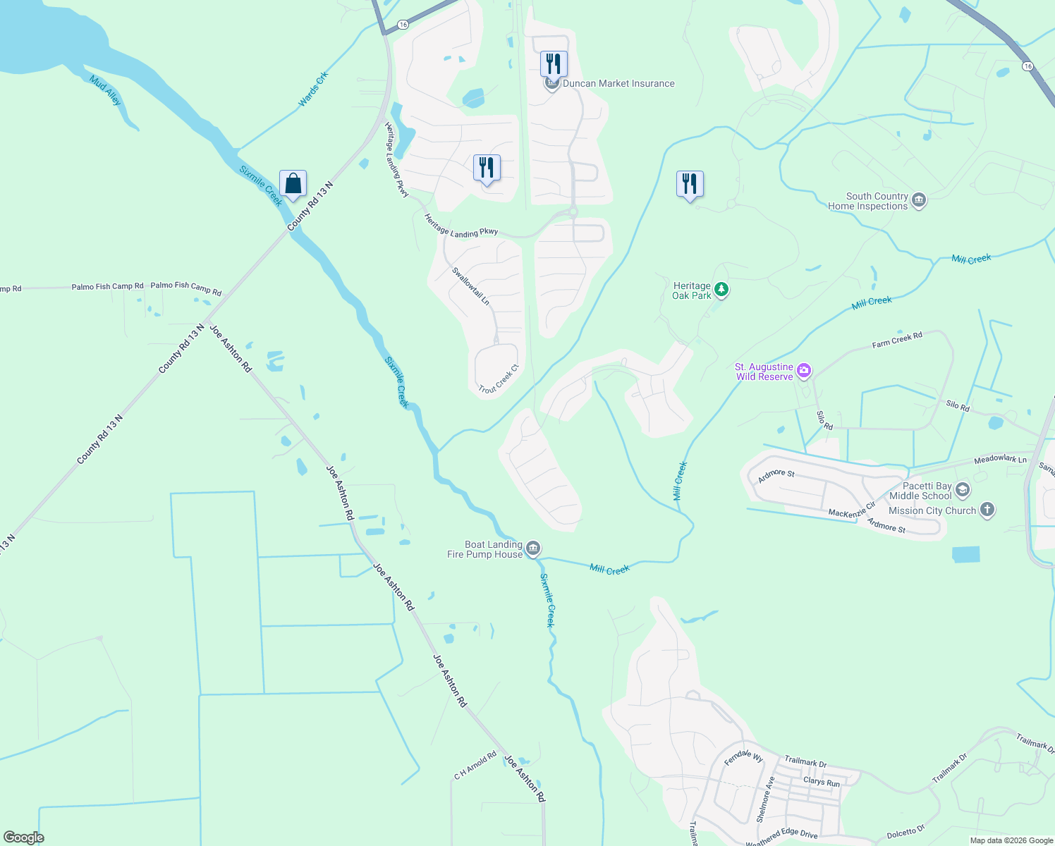 map of restaurants, bars, coffee shops, grocery stores, and more near 4718 Sawbuck Street in Saint Augustine