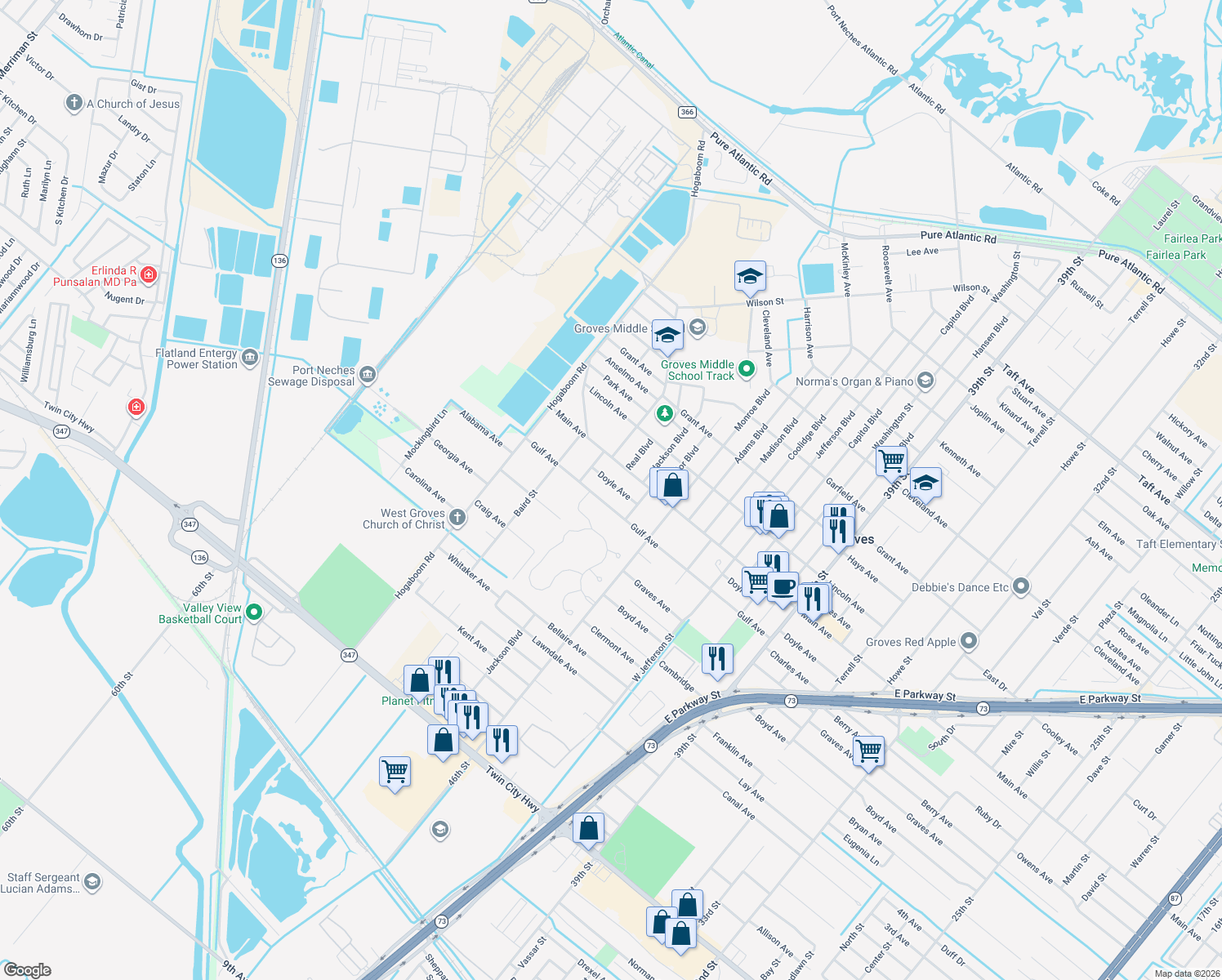 map of restaurants, bars, coffee shops, grocery stores, and more near 5049 Doyle Avenue in Groves