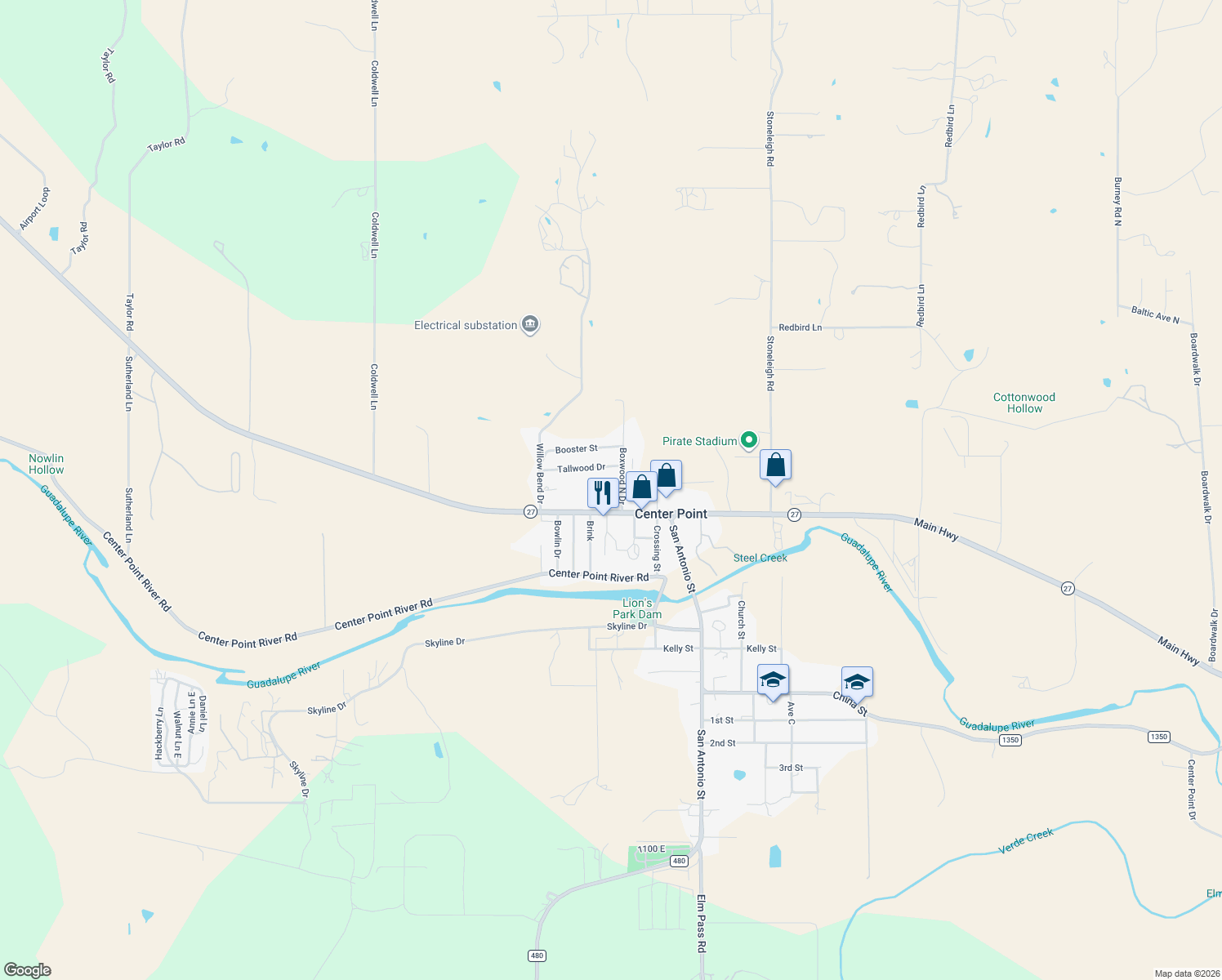 map of restaurants, bars, coffee shops, grocery stores, and more near 303 Westwind in Center Point