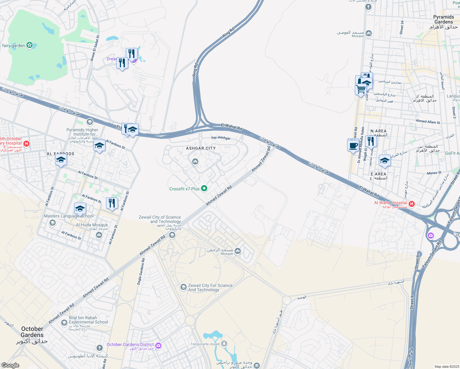 map of restaurants, bars, coffee shops, grocery stores, and more near Unnamed Road in 6th of October City (3)