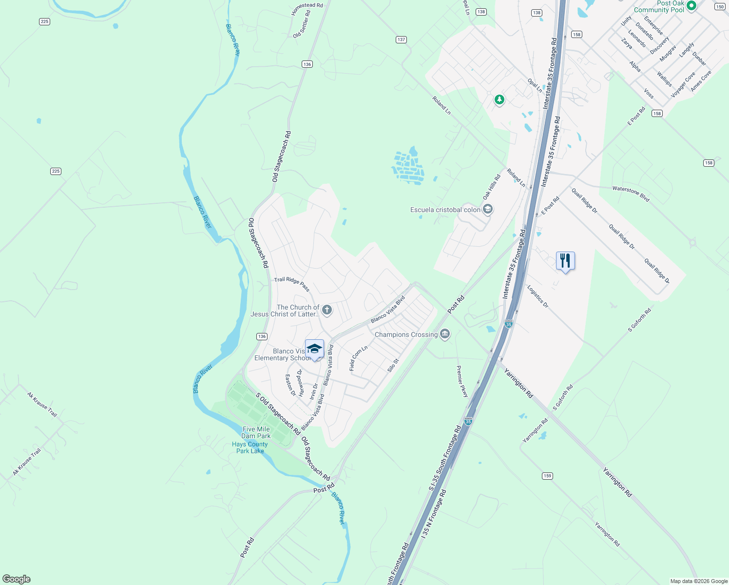 map of restaurants, bars, coffee shops, grocery stores, and more near 249 Leather Oak Loop in San Marcos