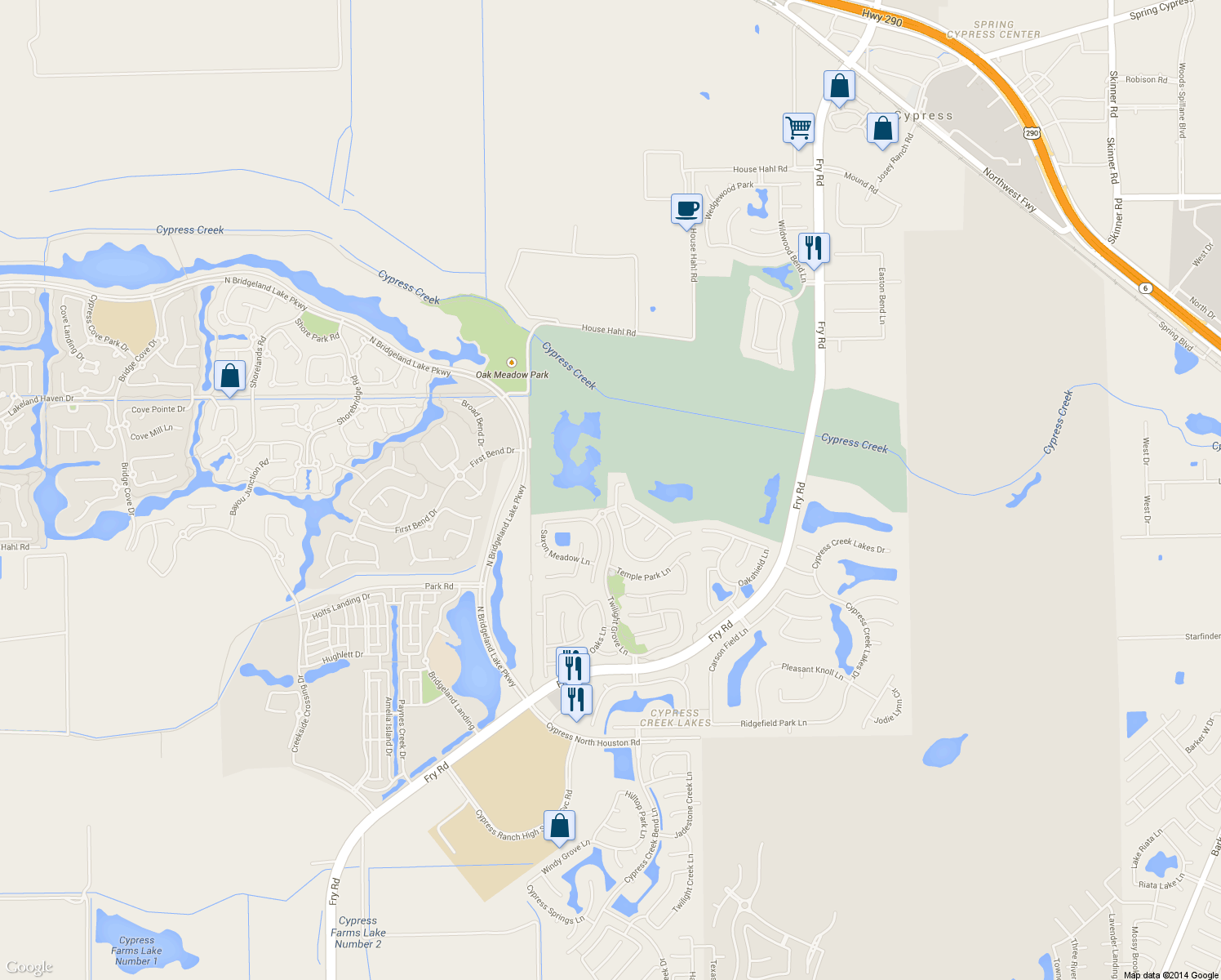 map of restaurants, bars, coffee shops, grocery stores, and more near 12011 Silverwood Bend Lane in Cypress