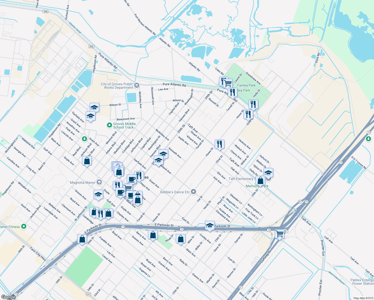 map of restaurants, bars, coffee shops, grocery stores, and more near 6721 Terrell Street in Groves