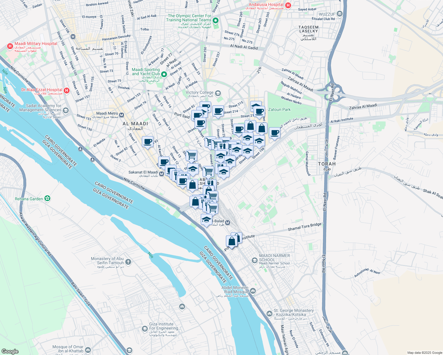 map of restaurants, bars, coffee shops, grocery stores, and more near Street 199 in Al Maadi