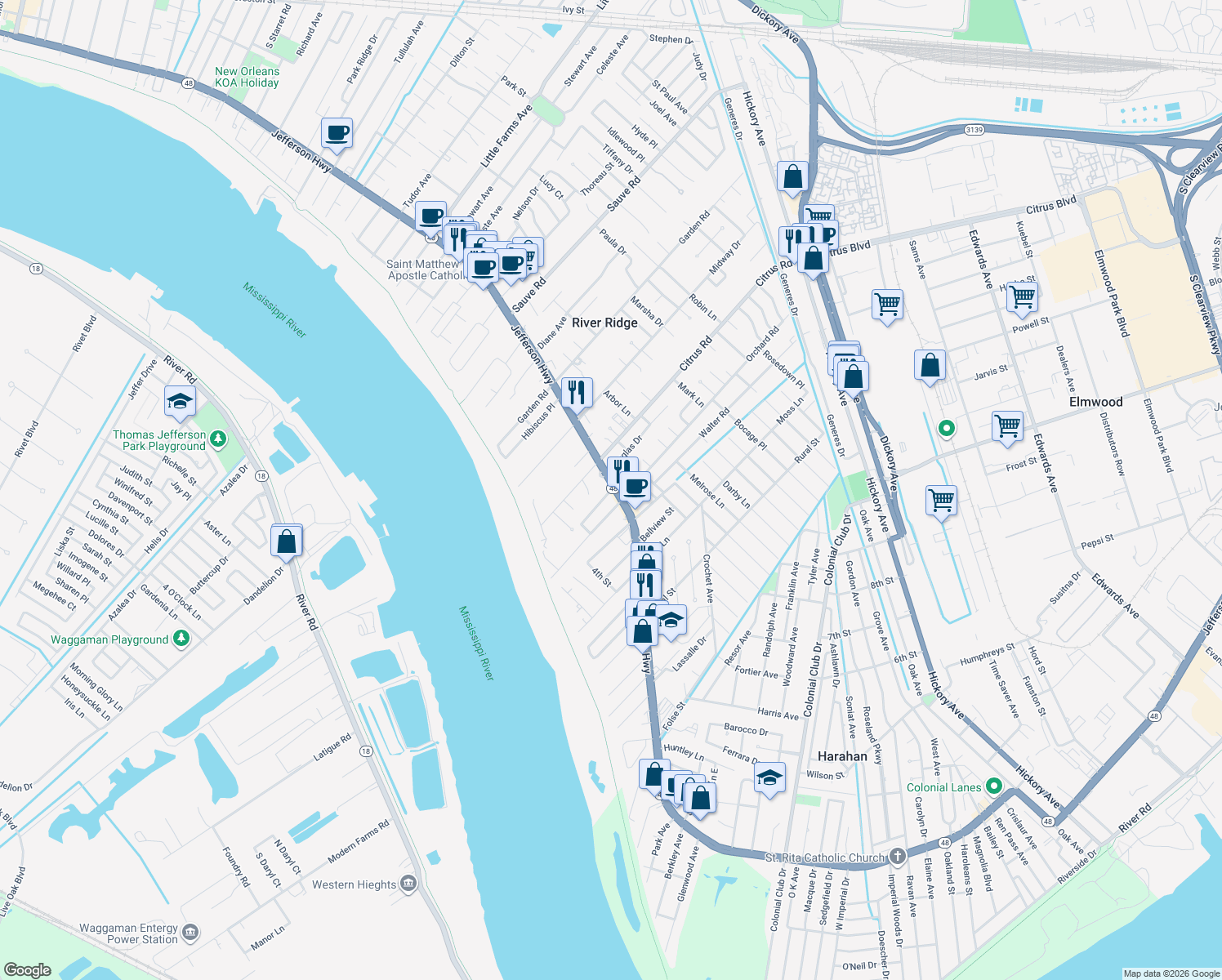 map of restaurants, bars, coffee shops, grocery stores, and more near 9446 Jefferson Highway in River Ridge