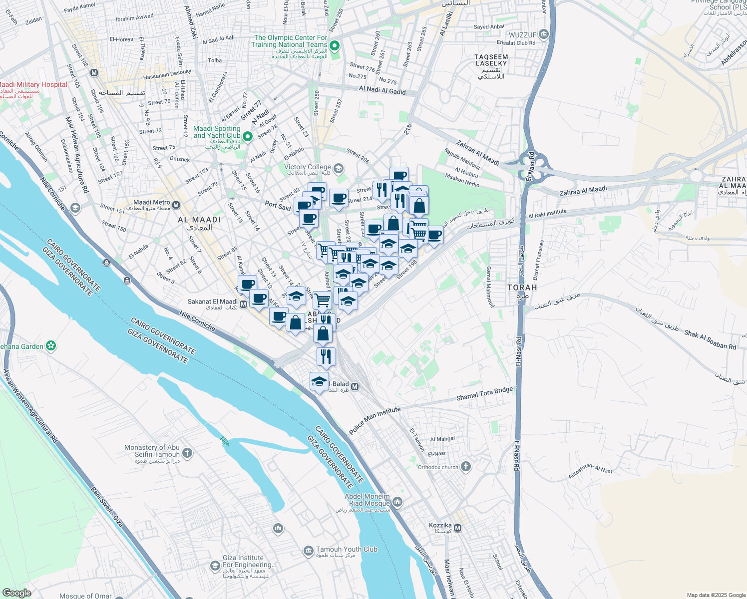 map of restaurants, bars, coffee shops, grocery stores, and more near Street 198 in Al Maadi