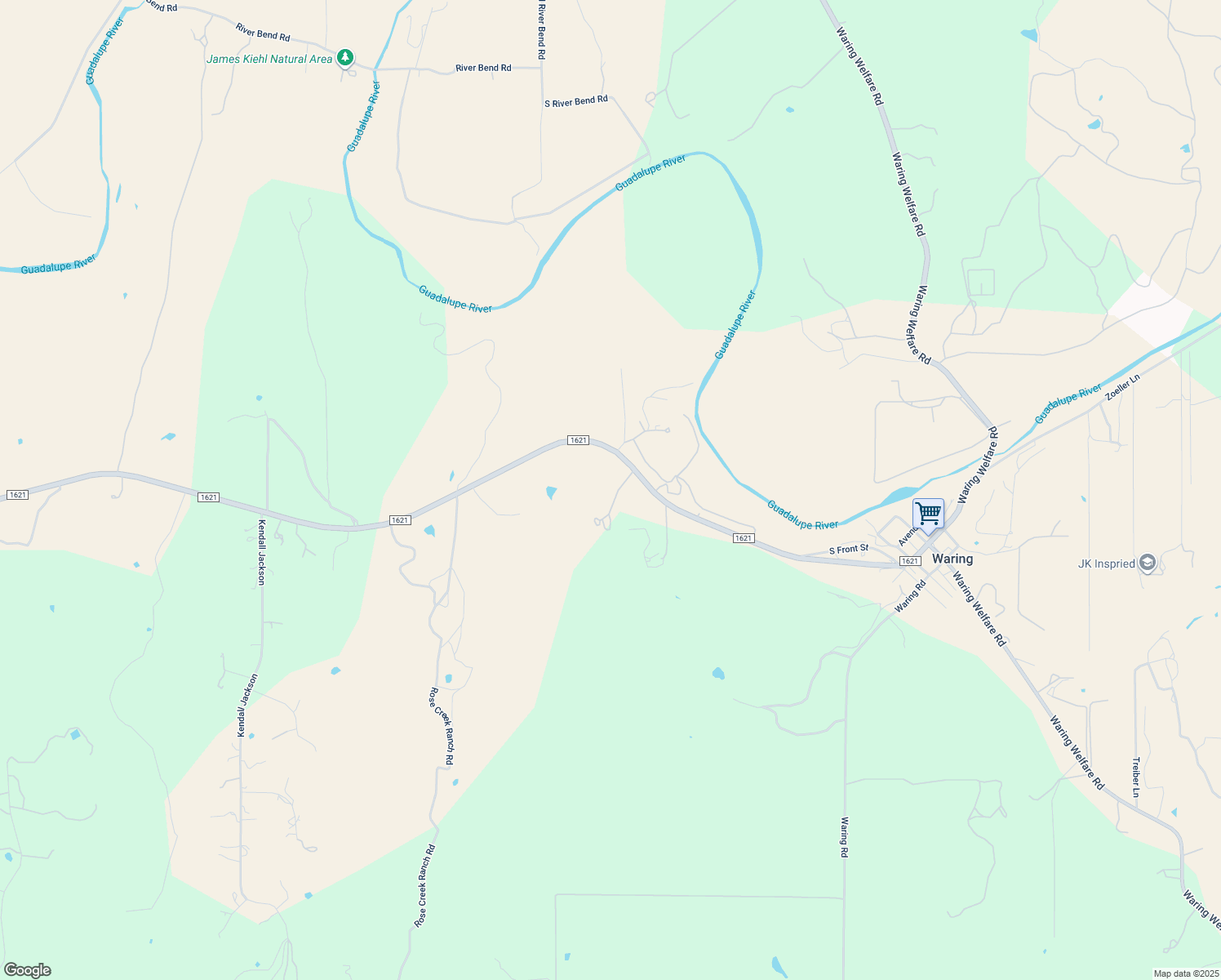 map of restaurants, bars, coffee shops, grocery stores, and more near 345 Farm to Market Road 1621 in Comfort