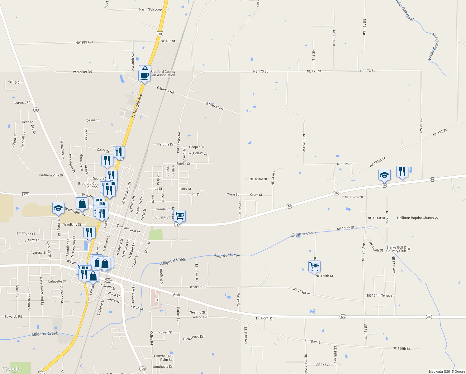 map of restaurants, bars, coffee shops, grocery stores, and more near 1555 Crum St in Starke