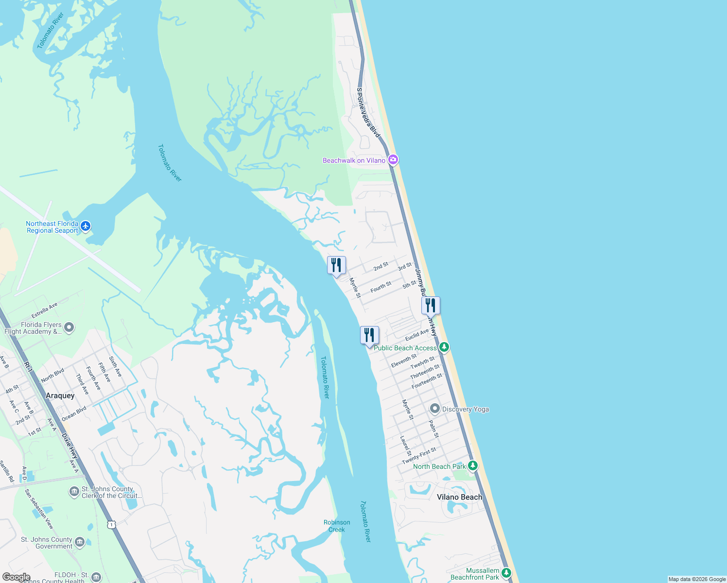 map of restaurants, bars, coffee shops, grocery stores, and more near 408 3rd Street in Saint Augustine