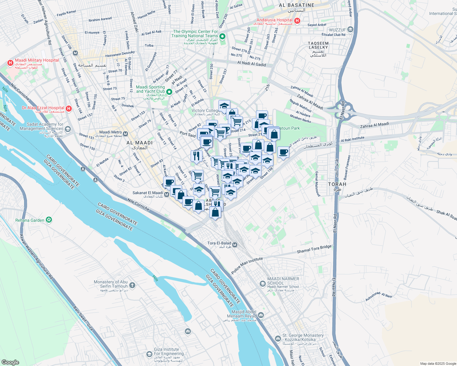 map of restaurants, bars, coffee shops, grocery stores, and more near Street 203 in Al Maadi