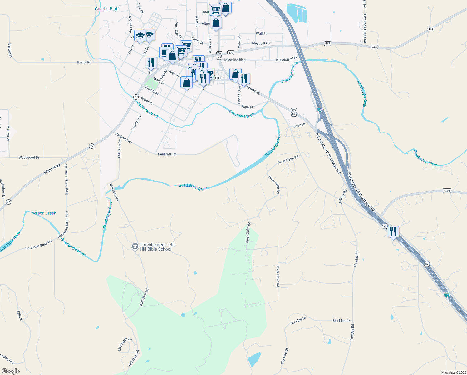 map of restaurants, bars, coffee shops, grocery stores, and more near 105 Oleander Road in Comfort