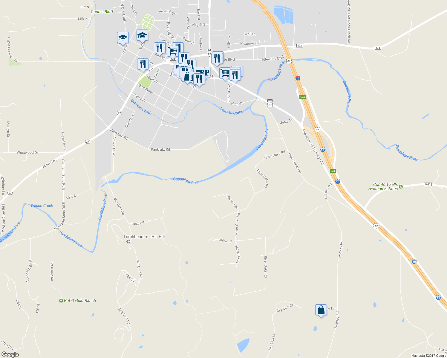 map of restaurants, bars, coffee shops, grocery stores, and more near 105 Oleander Road in Comfort
