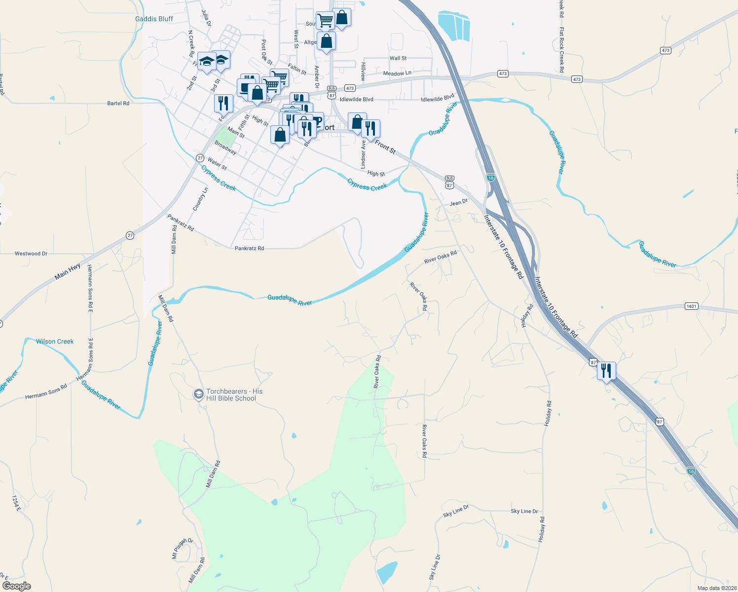 map of restaurants, bars, coffee shops, grocery stores, and more near 105 Oleander Road in Comfort