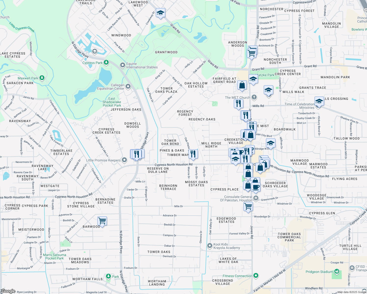 map of restaurants, bars, coffee shops, grocery stores, and more near 12502 Sableleaf Drive in Cypress