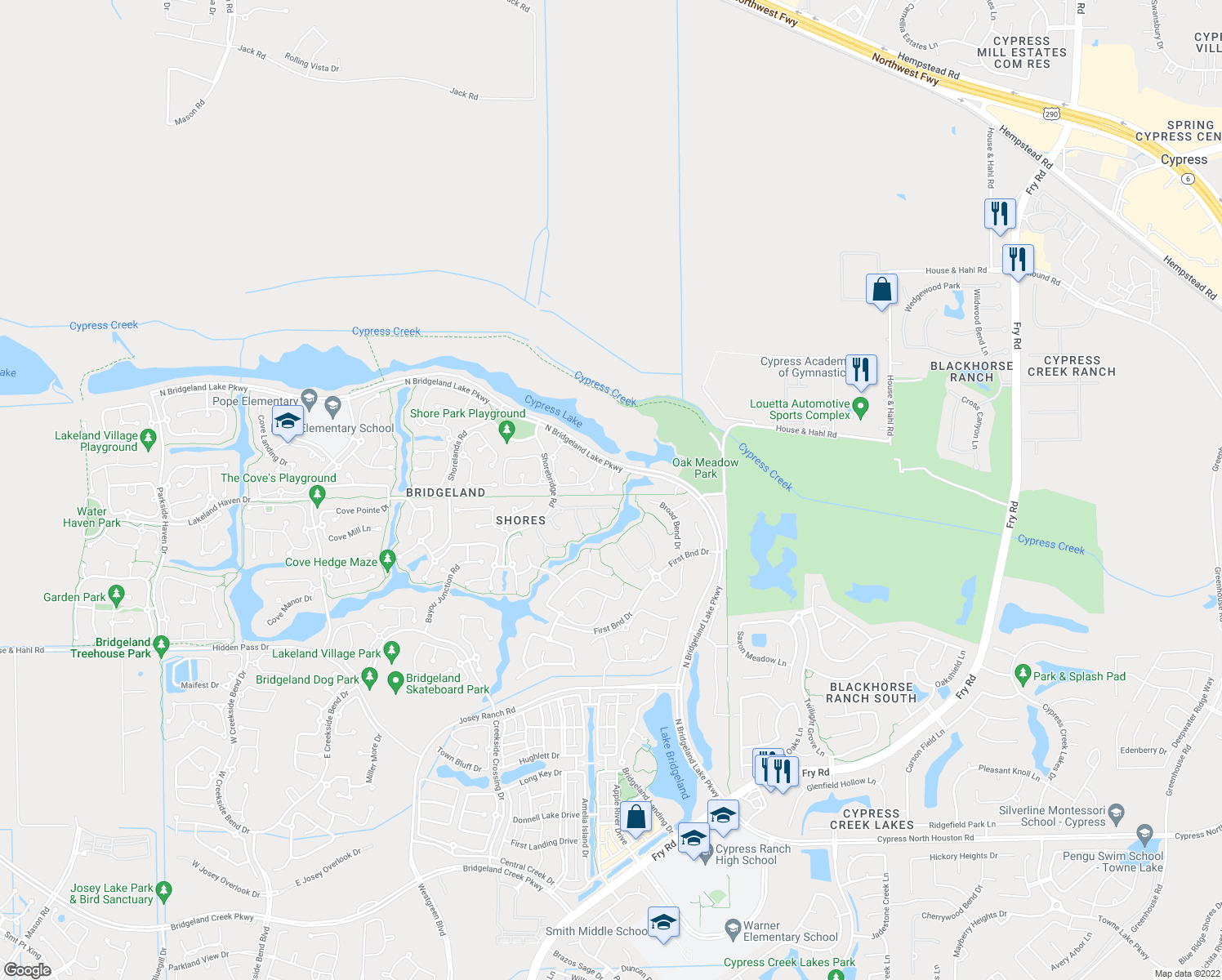 map of restaurants, bars, coffee shops, grocery stores, and more near 10338 North Austin Shore Drive in Cypress