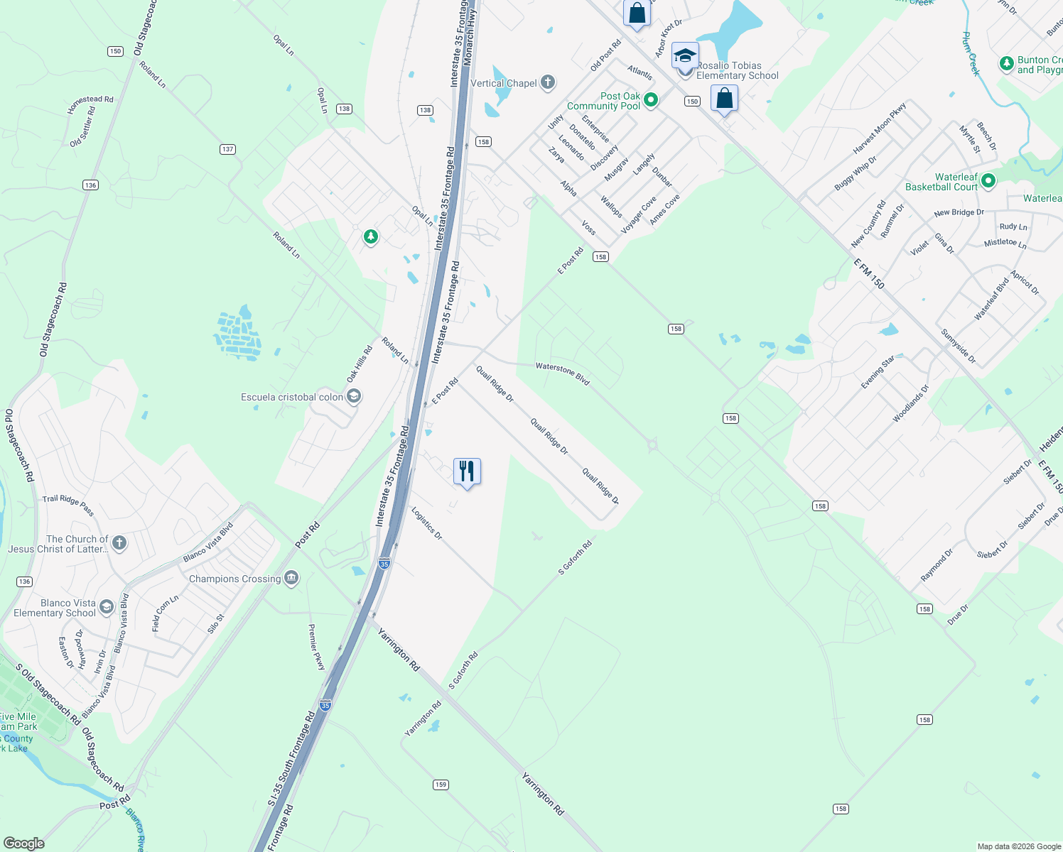 map of restaurants, bars, coffee shops, grocery stores, and more near 248 Quail Ridge Drive in Kyle