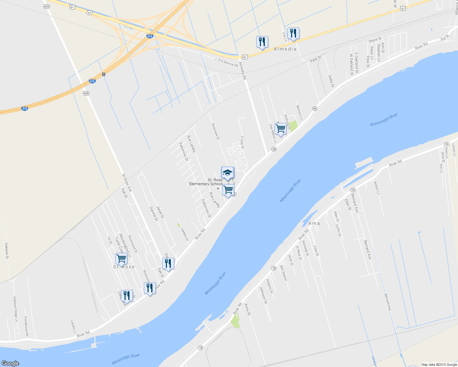 map of restaurants, bars, coffee shops, grocery stores, and more near Pirate Drive in Saint Rose