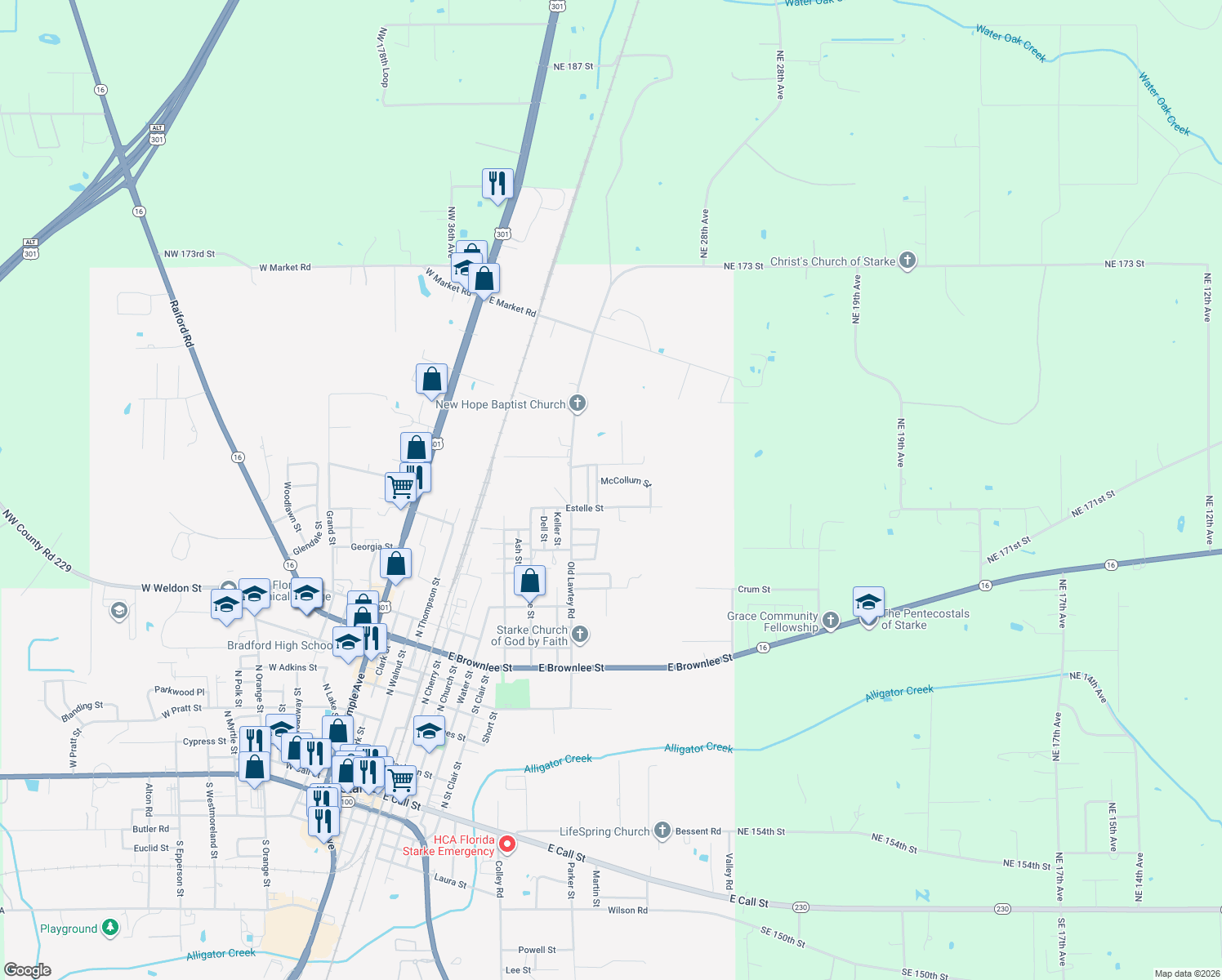 map of restaurants, bars, coffee shops, grocery stores, and more near 1400 McCollum Street in Starke