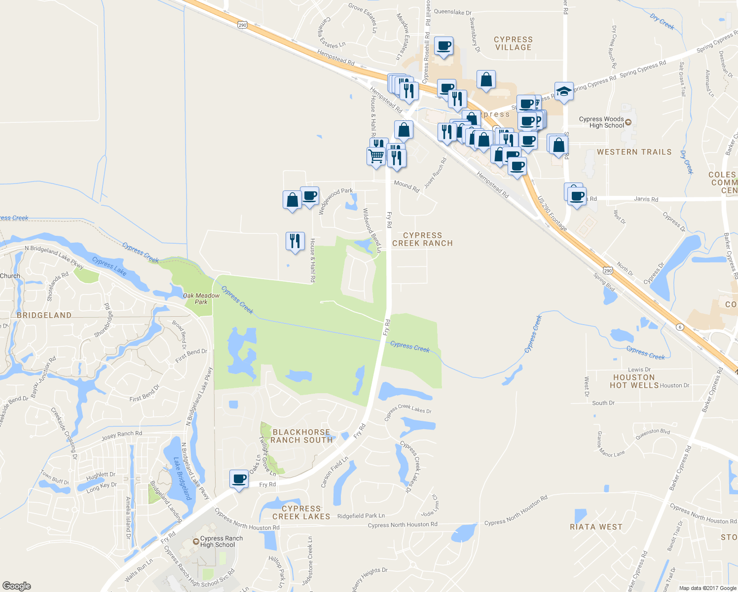 map of restaurants, bars, coffee shops, grocery stores, and more near 12306 Cross Canyon Lane in Cypress