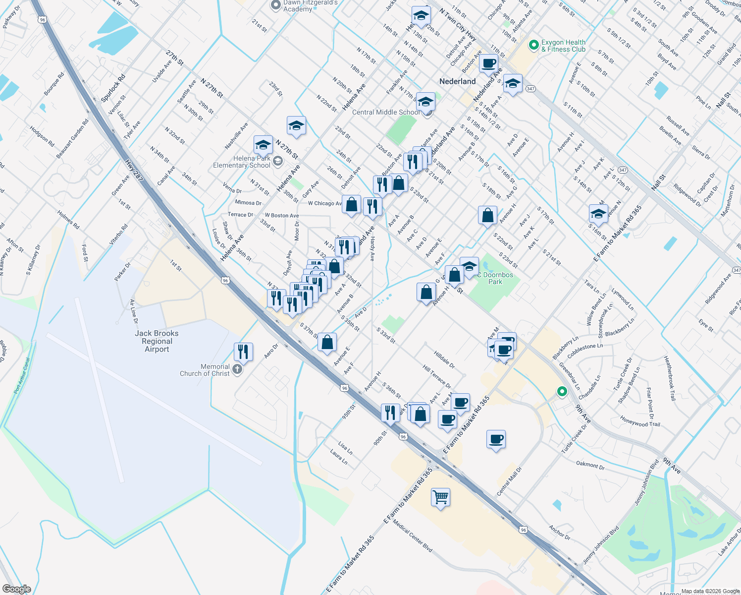 map of restaurants, bars, coffee shops, grocery stores, and more near 3216 Ave C in Nederland