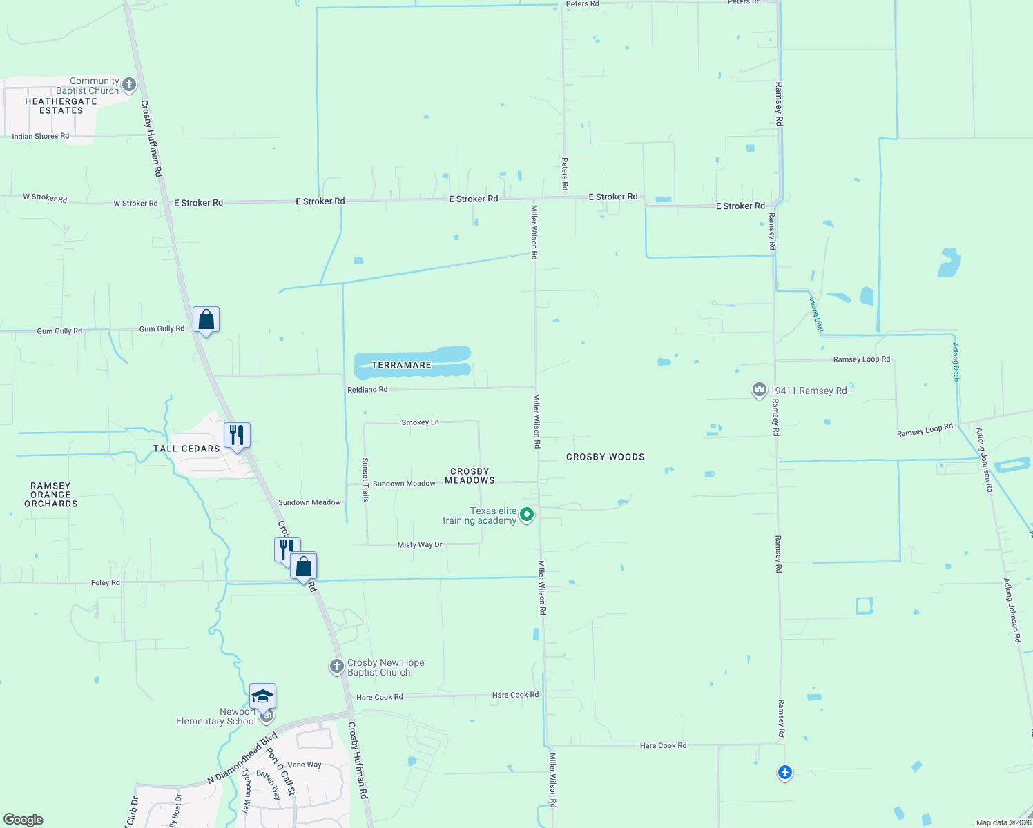 map of restaurants, bars, coffee shops, grocery stores, and more near 19321 Miller Wilson Road in Crosby