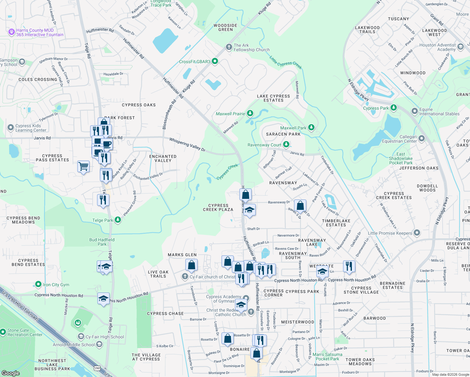 map of restaurants, bars, coffee shops, grocery stores, and more near 12703 Huffmeister Road in Cypress