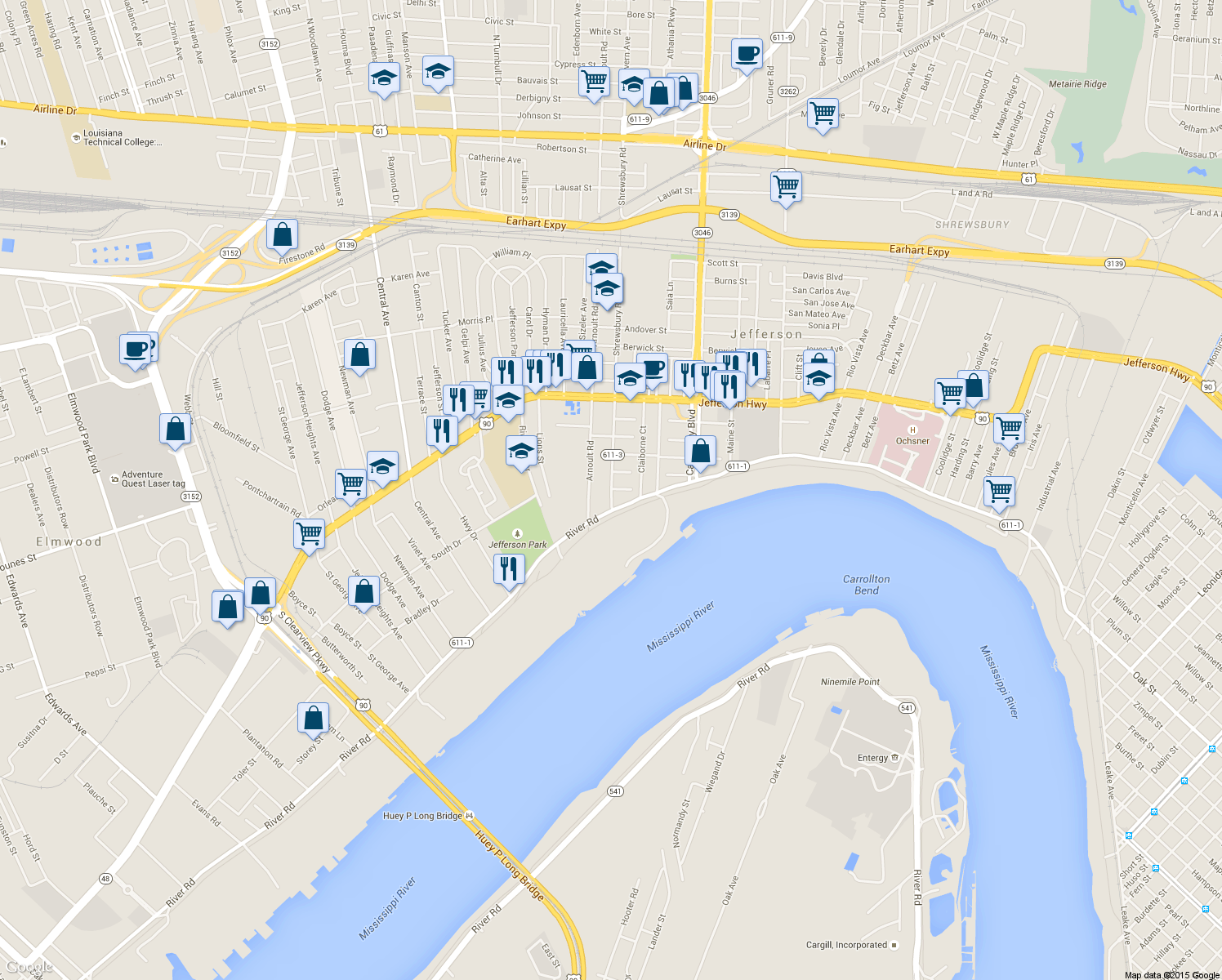 map of restaurants, bars, coffee shops, grocery stores, and more near 200 Shrewsbury Road in Jefferson
