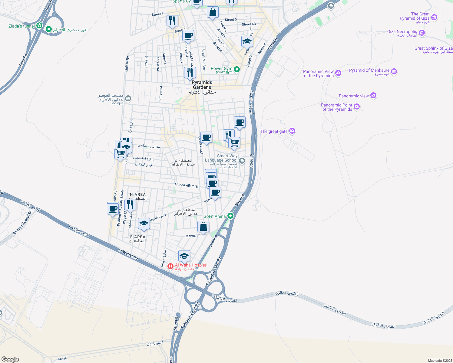 map of restaurants, bars, coffee shops, grocery stores, and more near in Pyramids Gardens