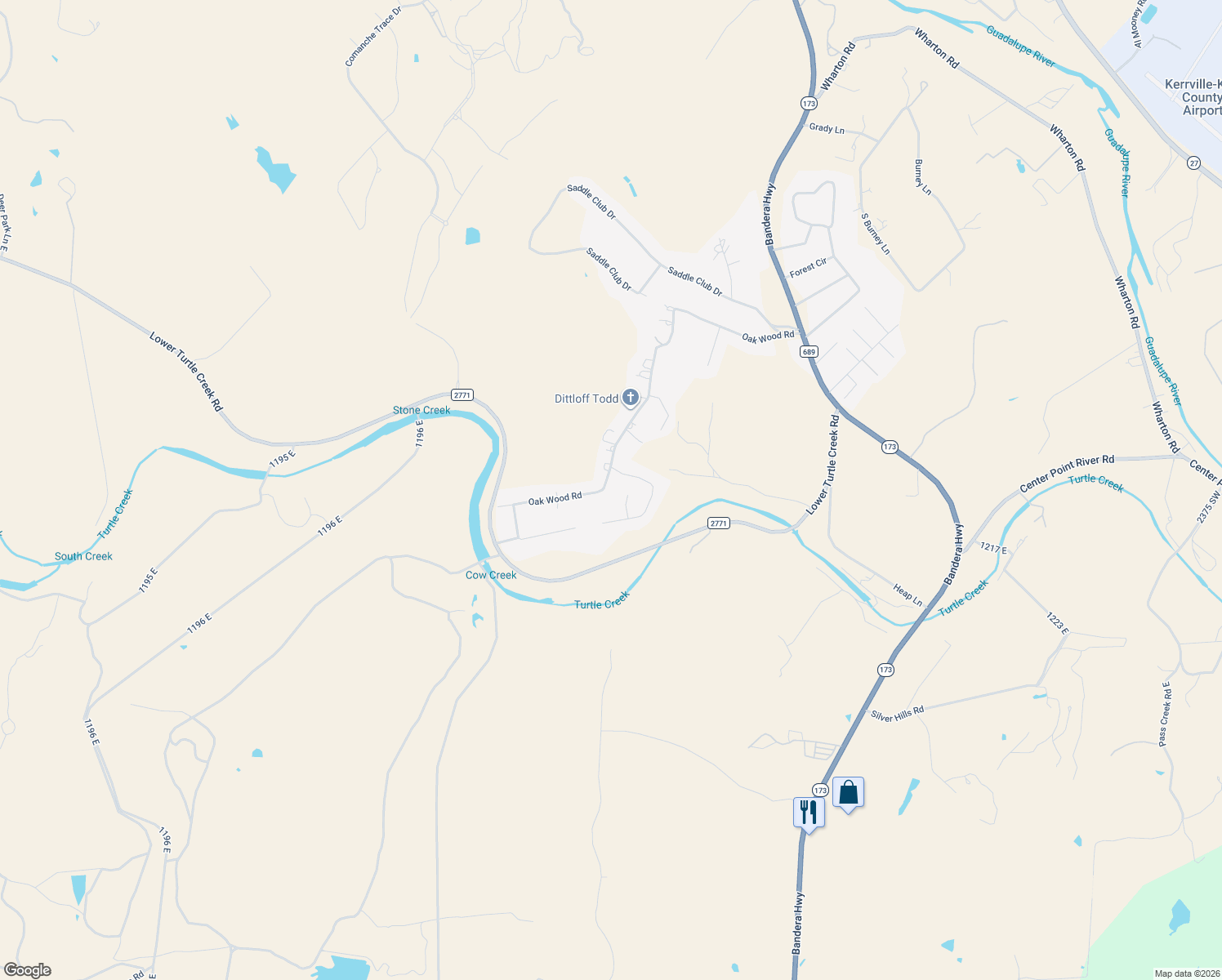 map of restaurants, bars, coffee shops, grocery stores, and more near 409 Oak Wood Rd in Kerrville