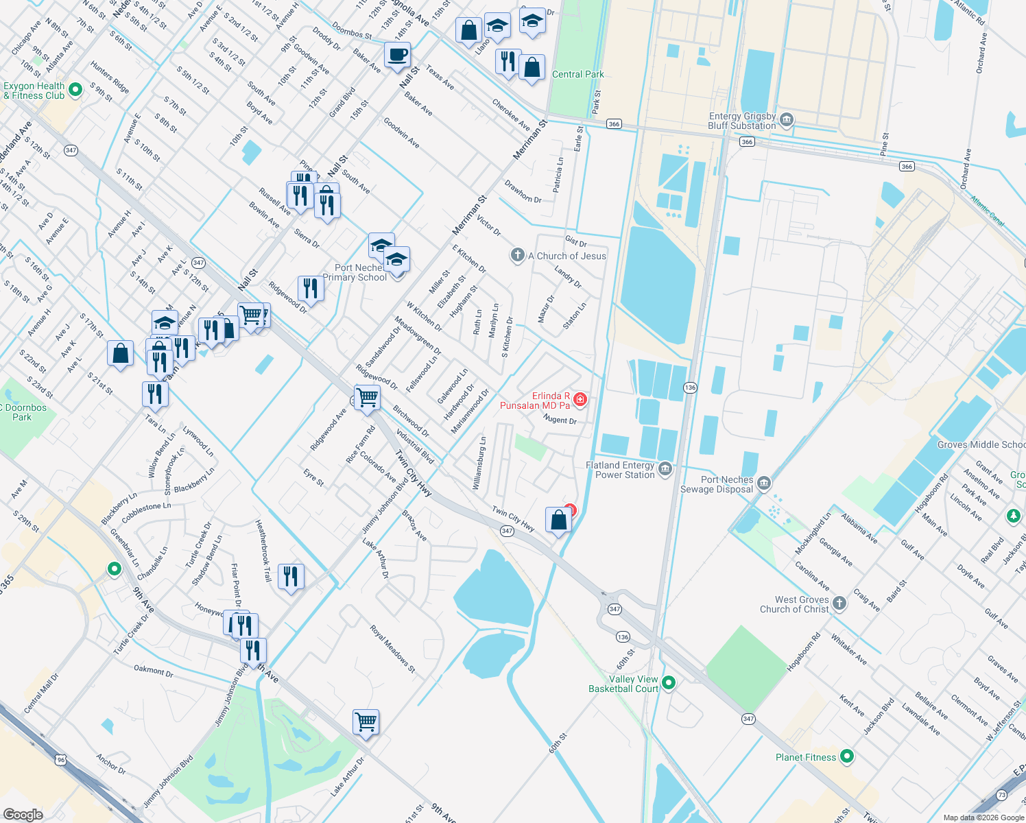 map of restaurants, bars, coffee shops, grocery stores, and more near 431 Meadowgreen Dr in Port Neches