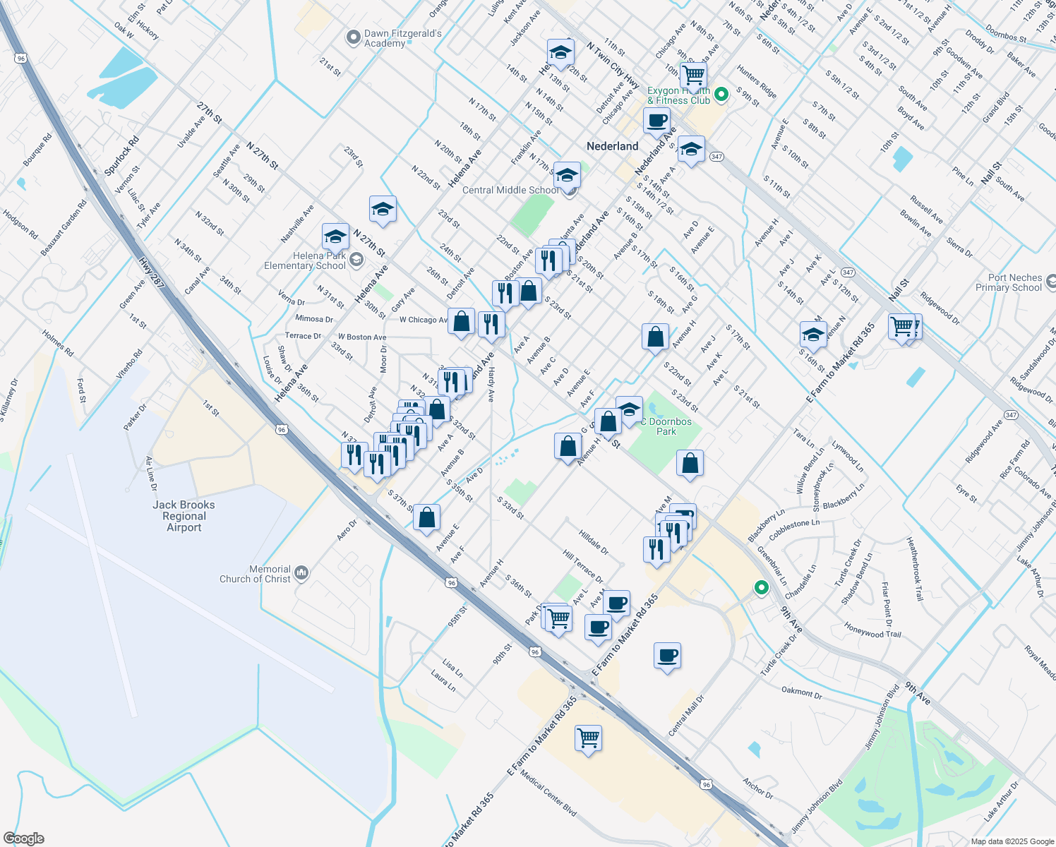 map of restaurants, bars, coffee shops, grocery stores, and more near 2903 Ave D in Nederland