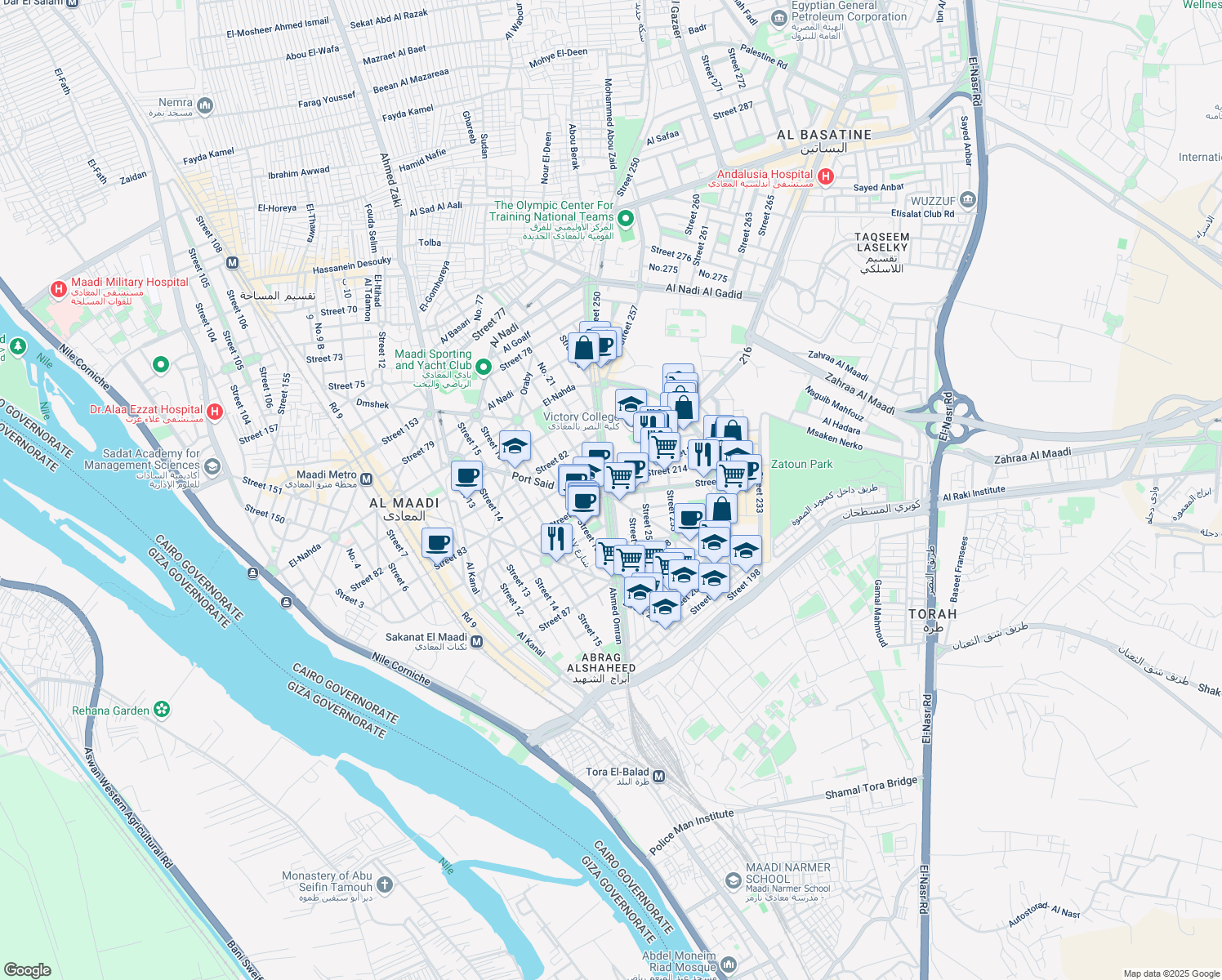 map of restaurants, bars, coffee shops, grocery stores, and more near 216 in Maadi