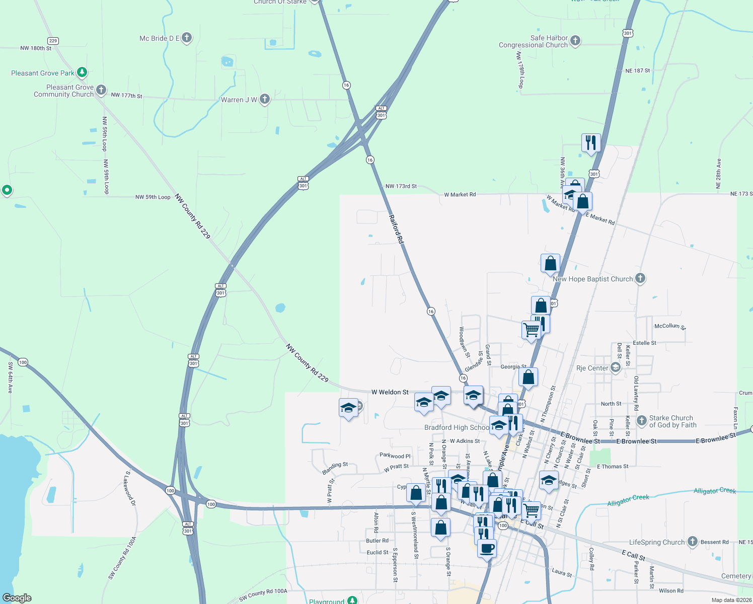 map of restaurants, bars, coffee shops, grocery stores, and more near 1396 Debra Street in Starke
