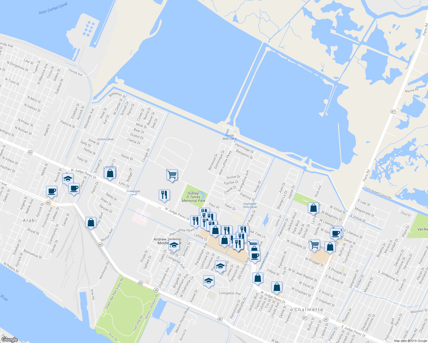 map of restaurants, bars, coffee shops, grocery stores, and more near 3813 Dominique Dr in Chalmette