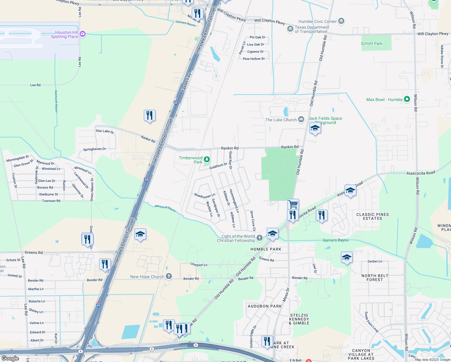 map of restaurants, bars, coffee shops, grocery stores, and more near 2810 Hummingbird Ln in Humble