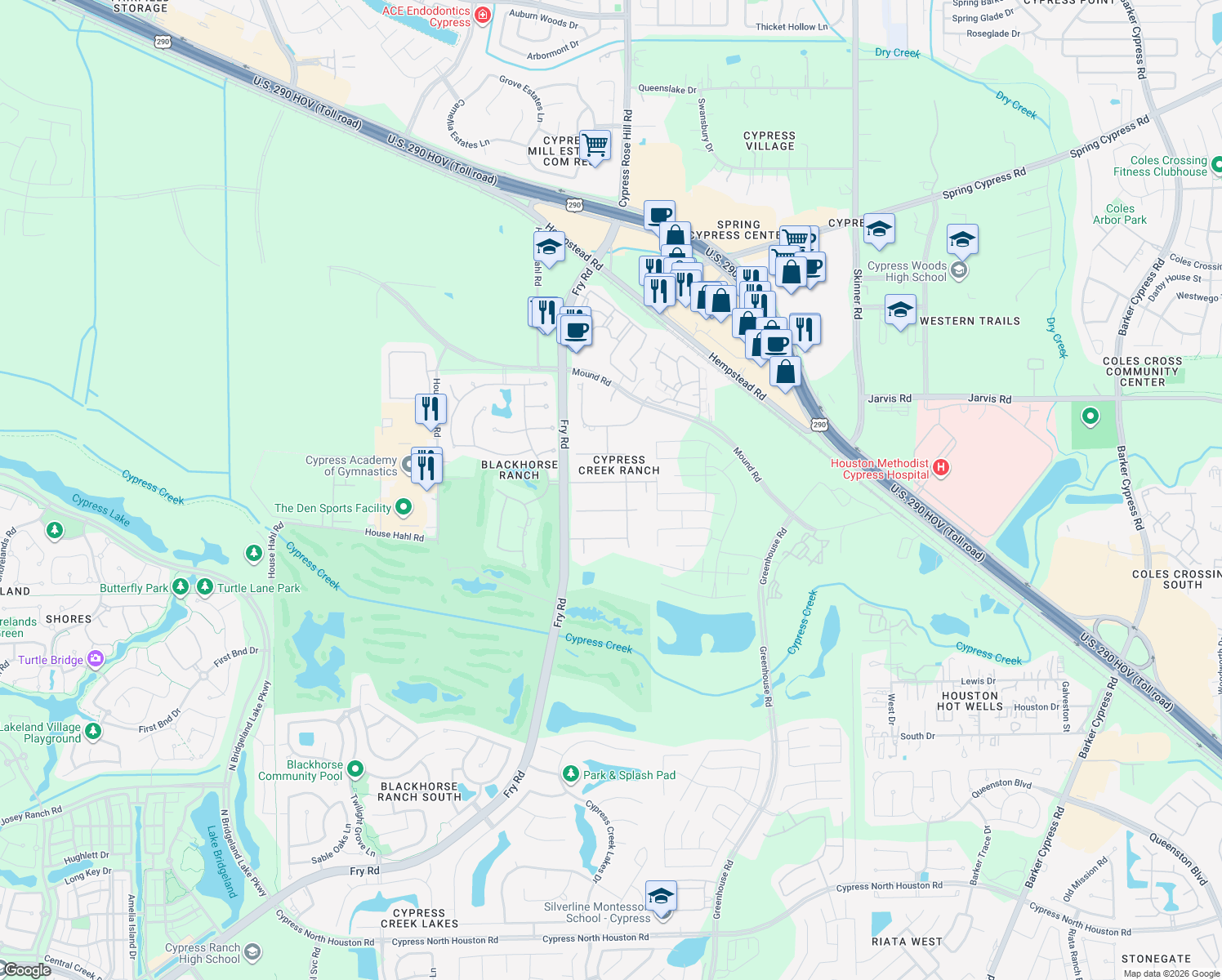 map of restaurants, bars, coffee shops, grocery stores, and more near 26111 Glenbriar Spring Ln in Cypress