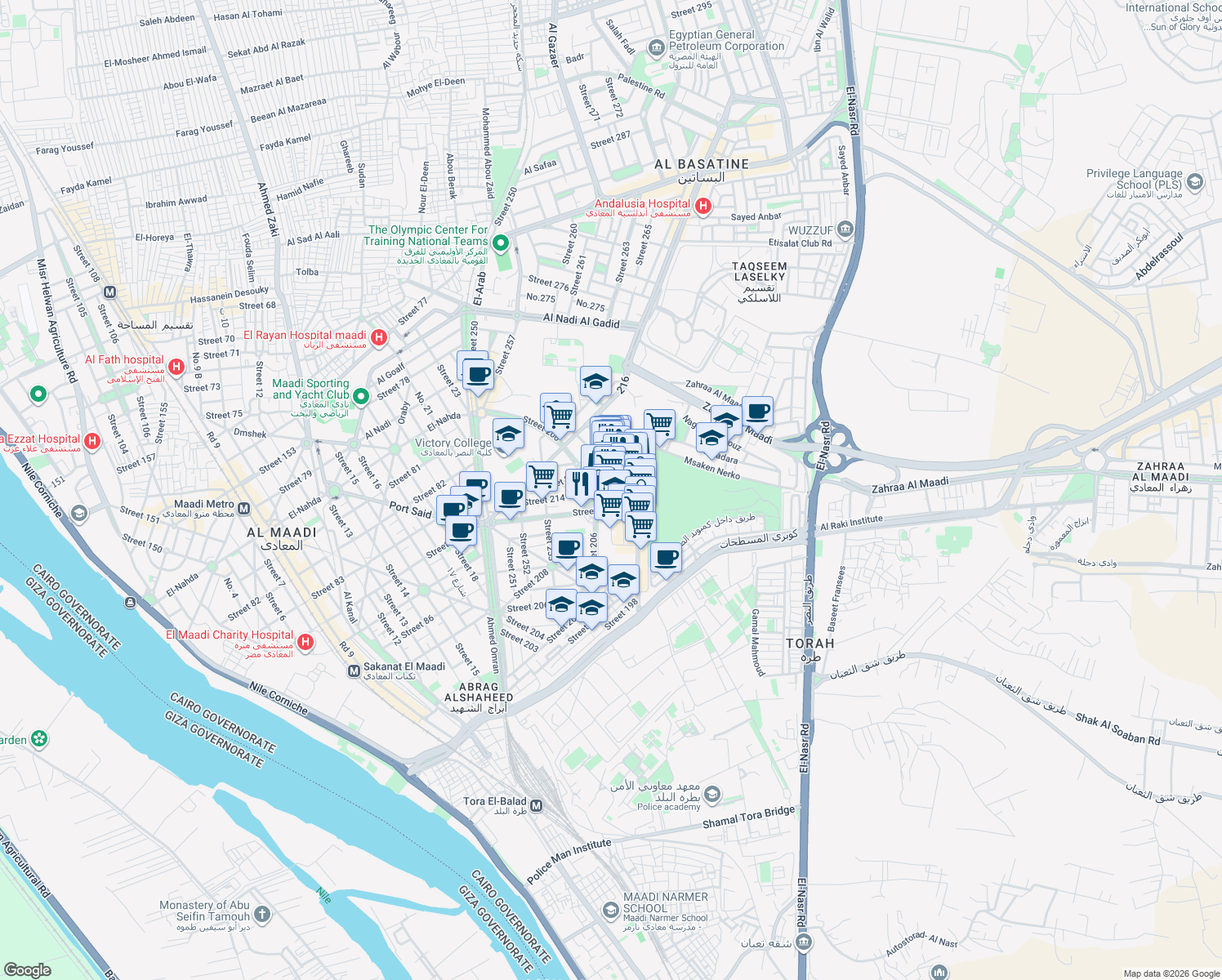map of restaurants, bars, coffee shops, grocery stores, and more near Street 231 in Al Maadi