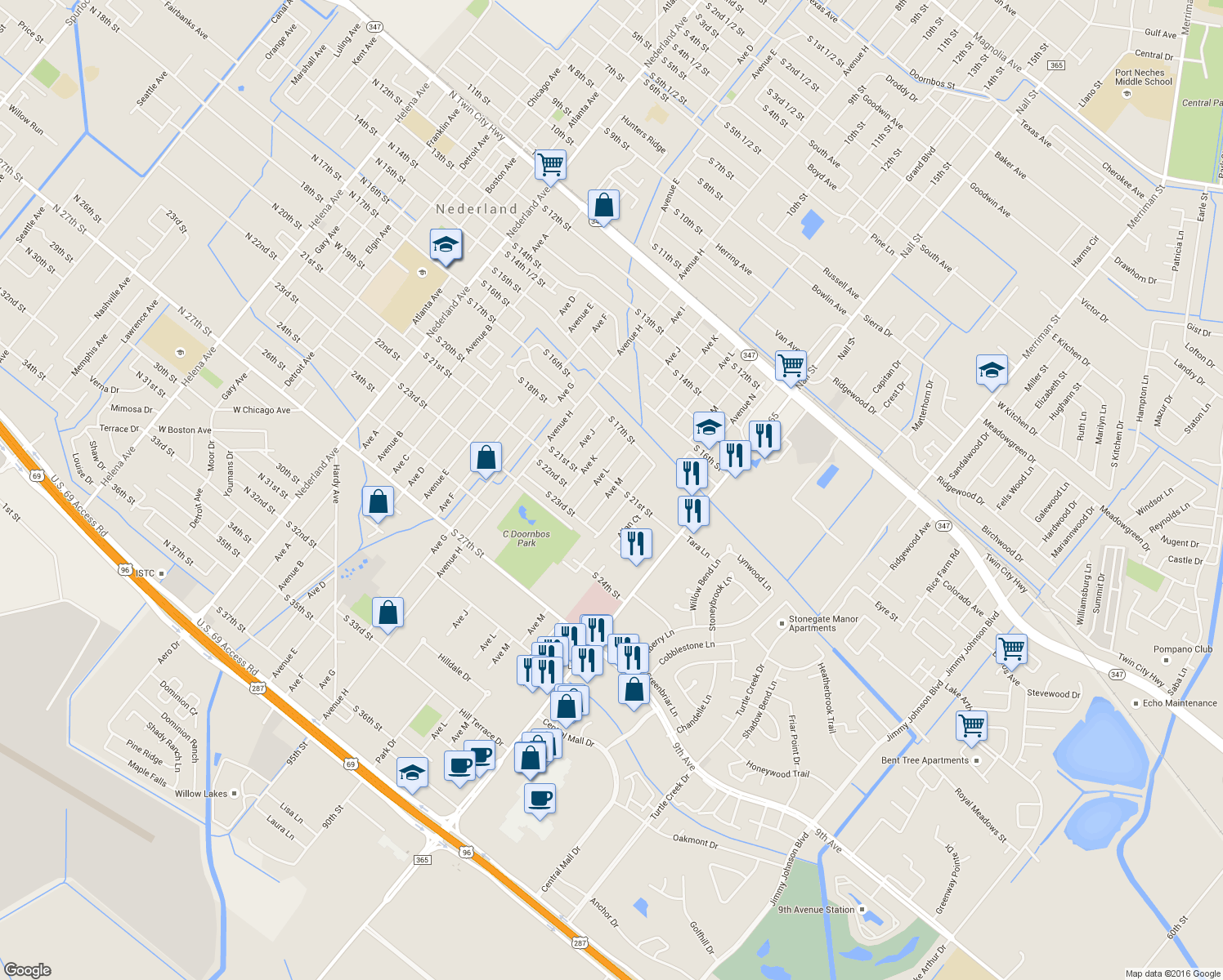 map of restaurants, bars, coffee shops, grocery stores, and more near 2115 Ave M in Nederland