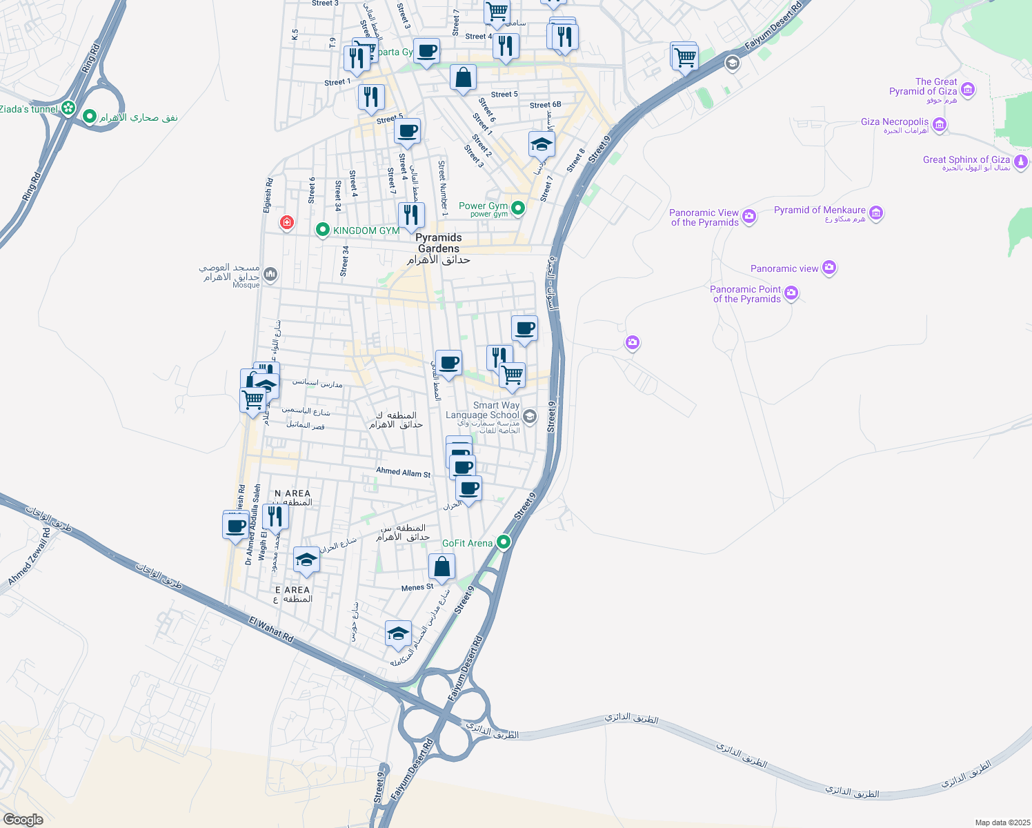 map of restaurants, bars, coffee shops, grocery stores, and more near in Pyramids Gardens