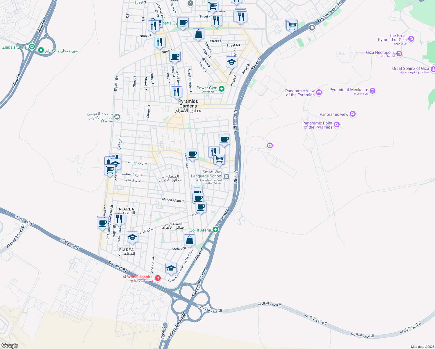 map of restaurants, bars, coffee shops, grocery stores, and more near in Pyramids Gardens