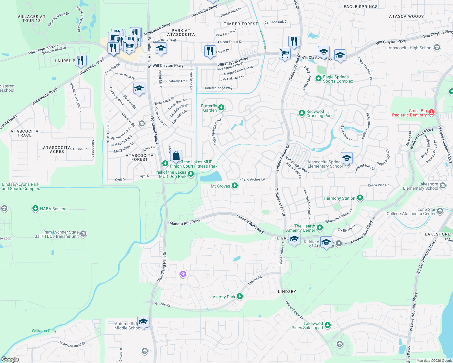 map of restaurants, bars, coffee shops, grocery stores, and more near 17003 Ross Lake Court in Humble