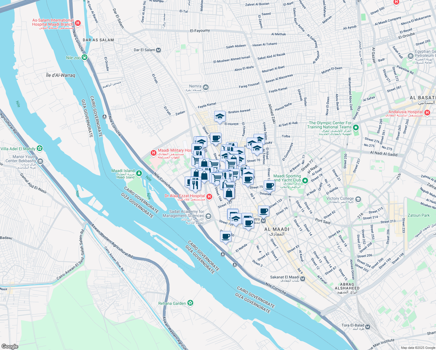 map of restaurants, bars, coffee shops, grocery stores, and more near Street 105 in Al Maadi