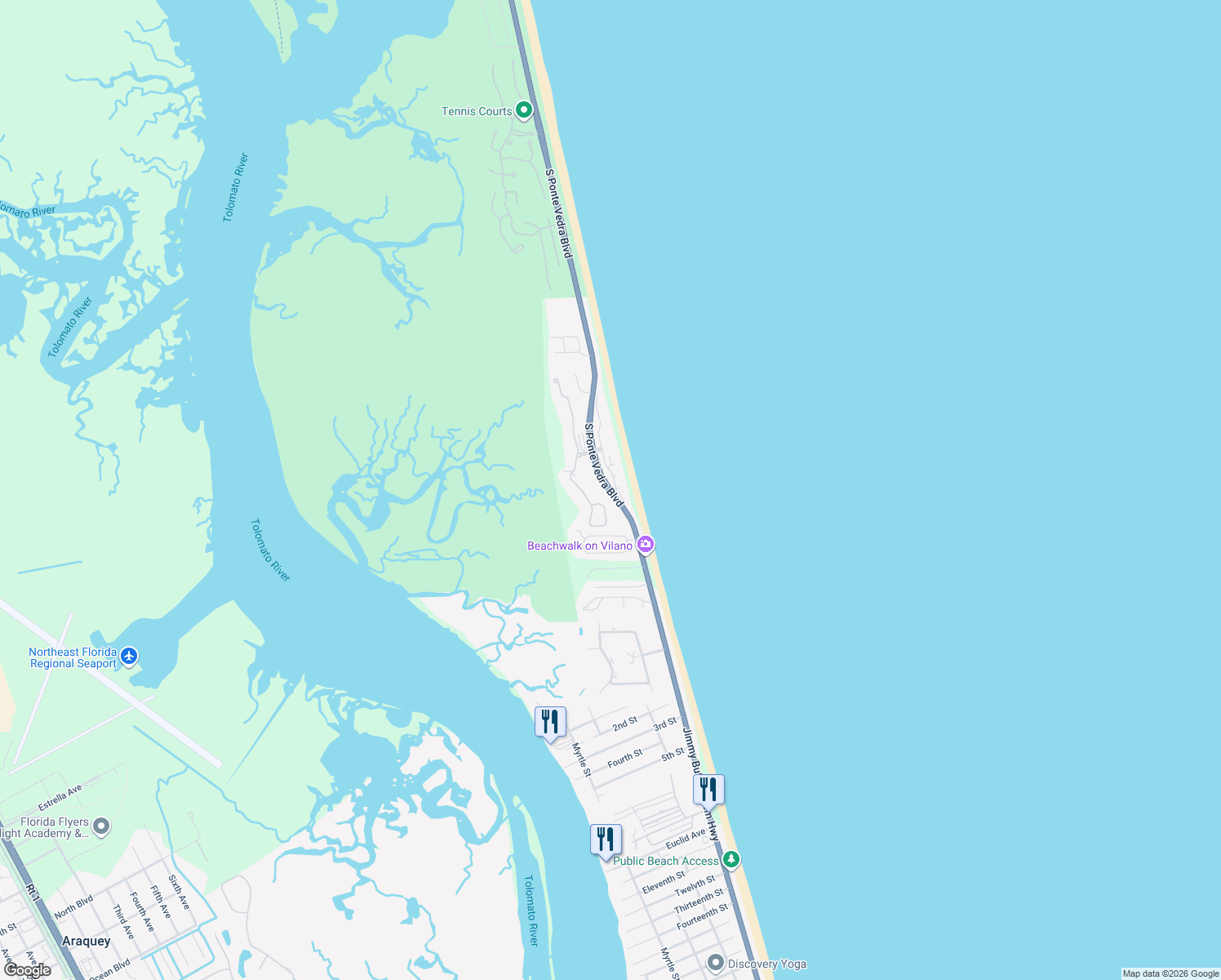 map of restaurants, bars, coffee shops, grocery stores, and more near 3192 Rte A1A in St Johns